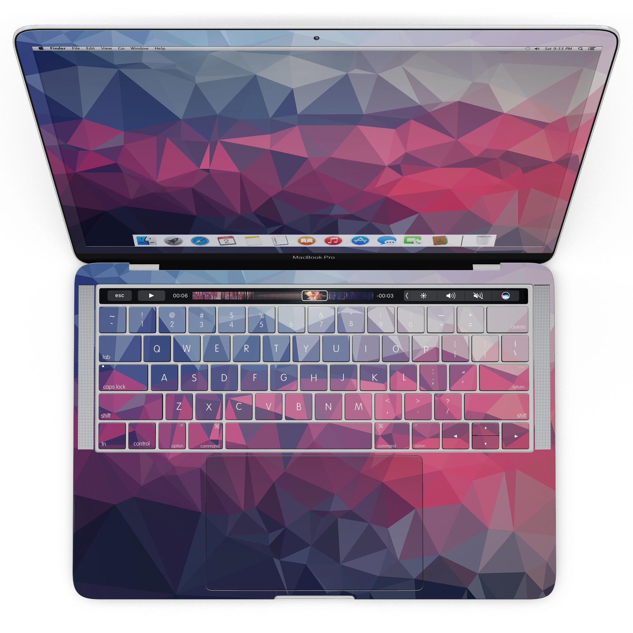 Blue Red Purple Geometric Skin Kit for MacBook Pro with Touch Bar, showcasing vibrant colors and geometric patterns.