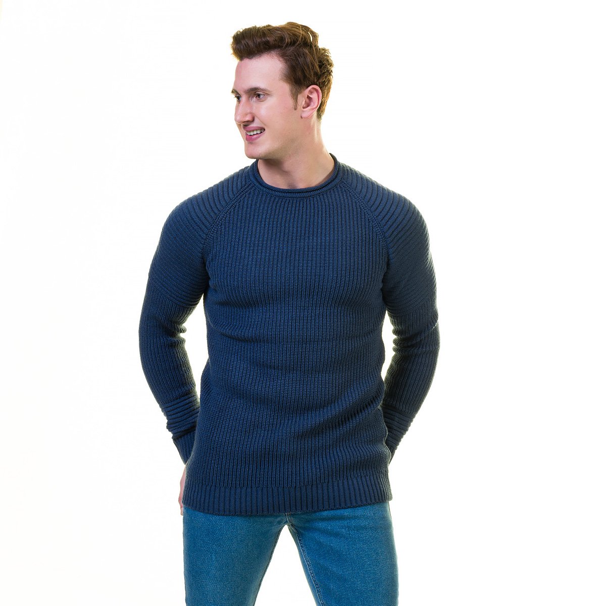 Blue rounded neck luxury zippered sweater jacket made from European cotton, featuring a hoodie and long sleeves, perfect for casual and formal wear.
