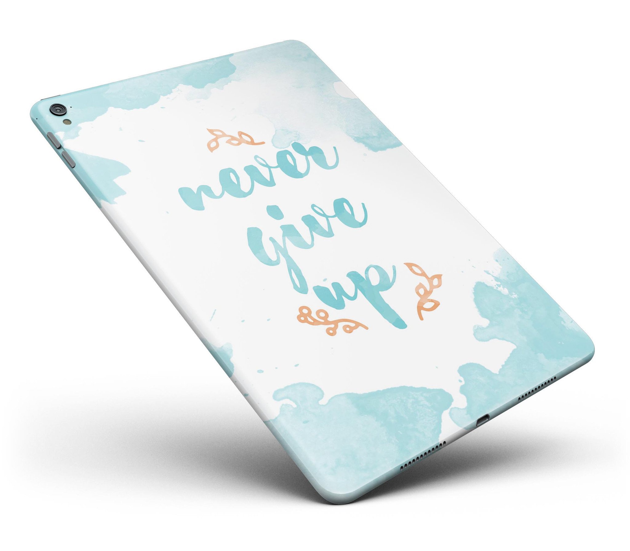 Blue Soft Never Give Up Full Body Skin for iPad Pro, showcasing vibrant blue design with motivational text and premium vinyl material.