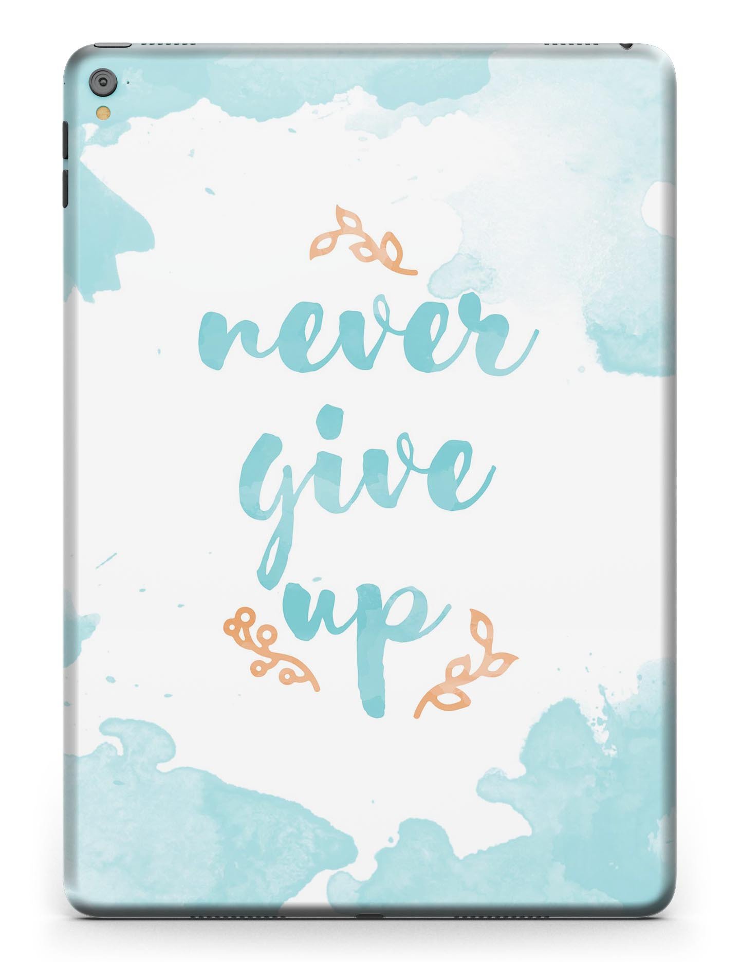 Blue Soft Never Give Up Full Body Skin for iPad Pro, showcasing vibrant blue design with motivational text and premium vinyl material.