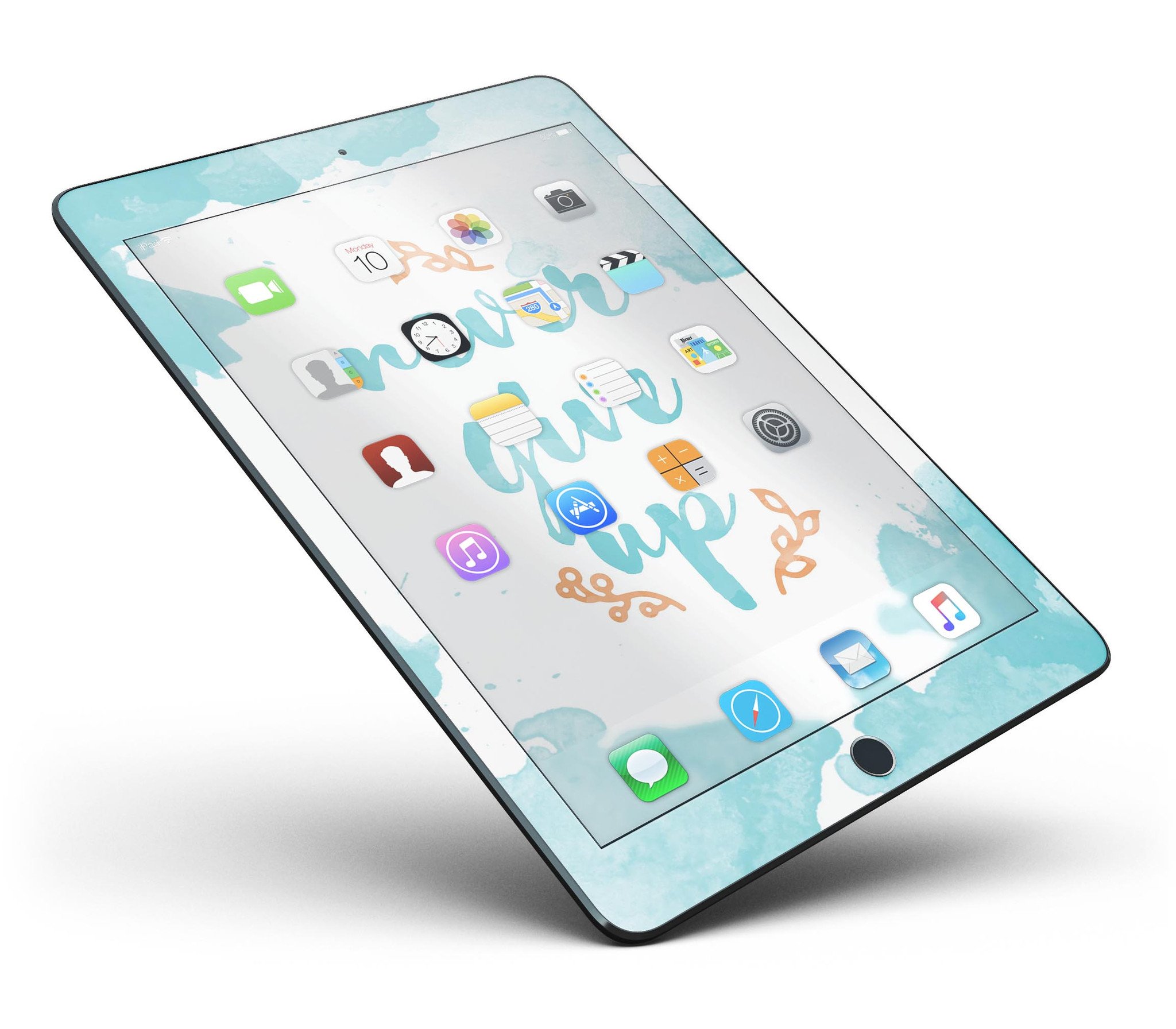 Blue Soft Never Give Up Full Body Skin for iPad Pro, showcasing vibrant blue design with motivational text and premium vinyl material.