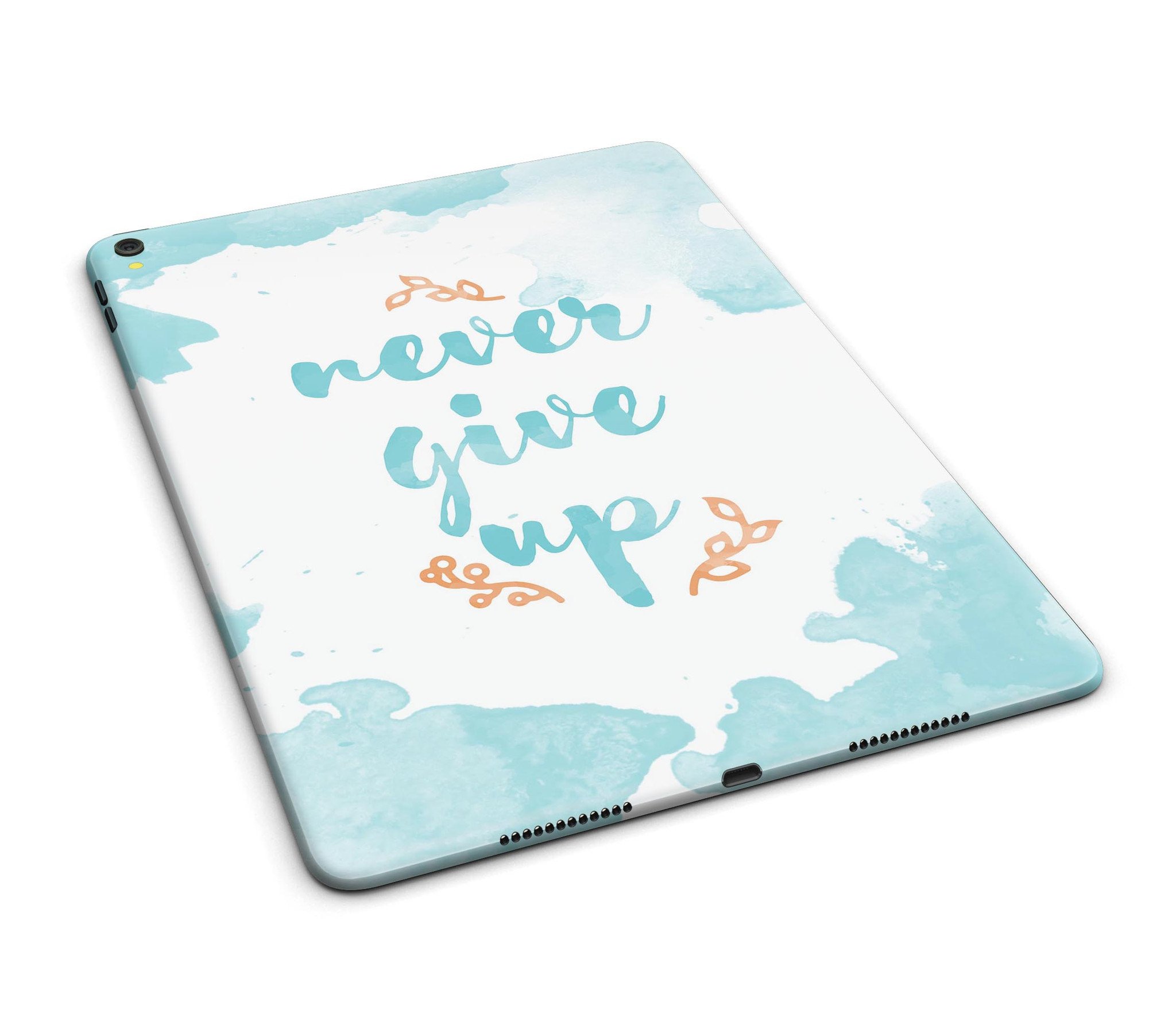 Blue Soft Never Give Up Full Body Skin for iPad Pro, showcasing vibrant blue design with motivational text and premium vinyl material.
