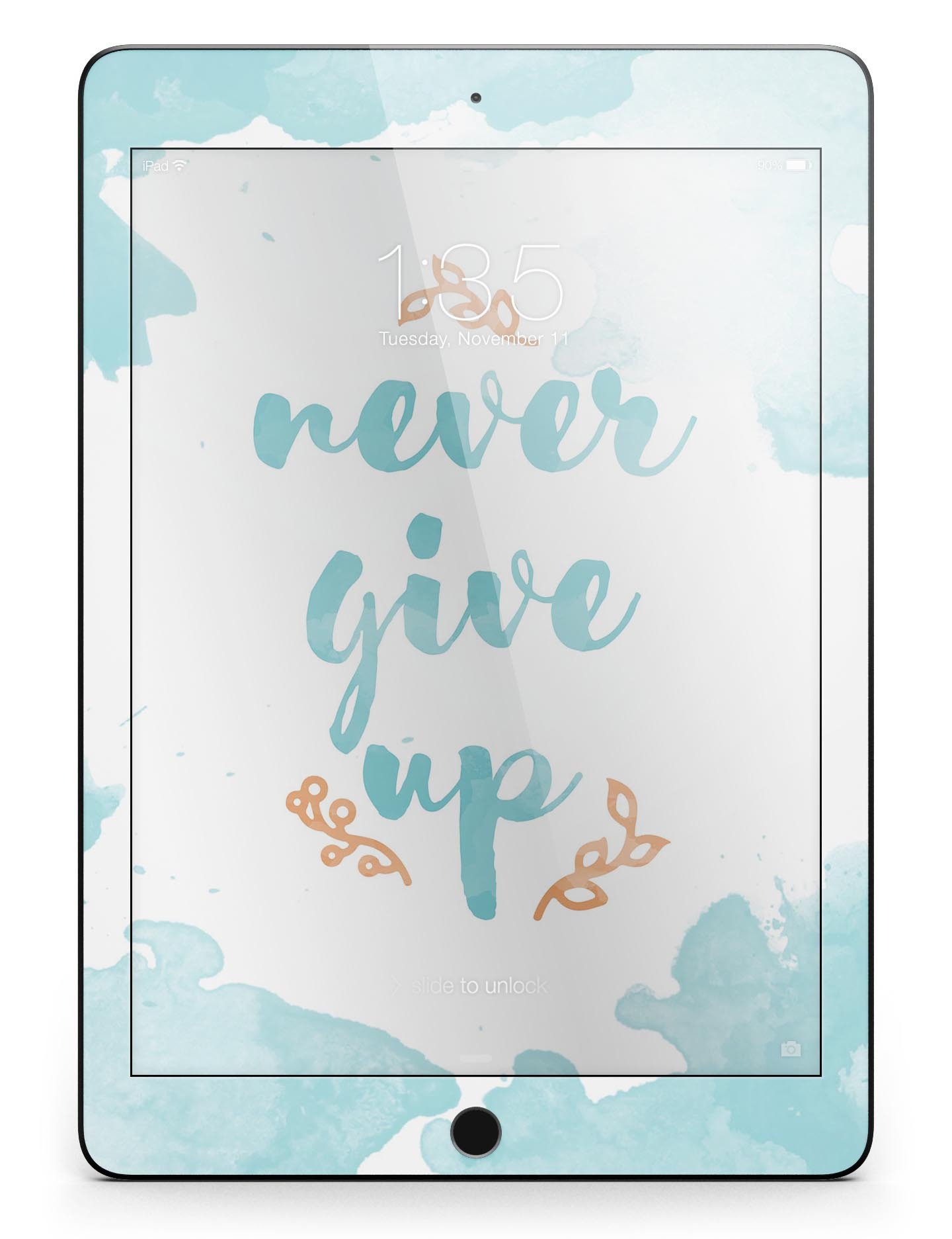 Blue Soft Never Give Up Full Body Skin for iPad Pro, showcasing vibrant blue design with motivational text and premium vinyl material.