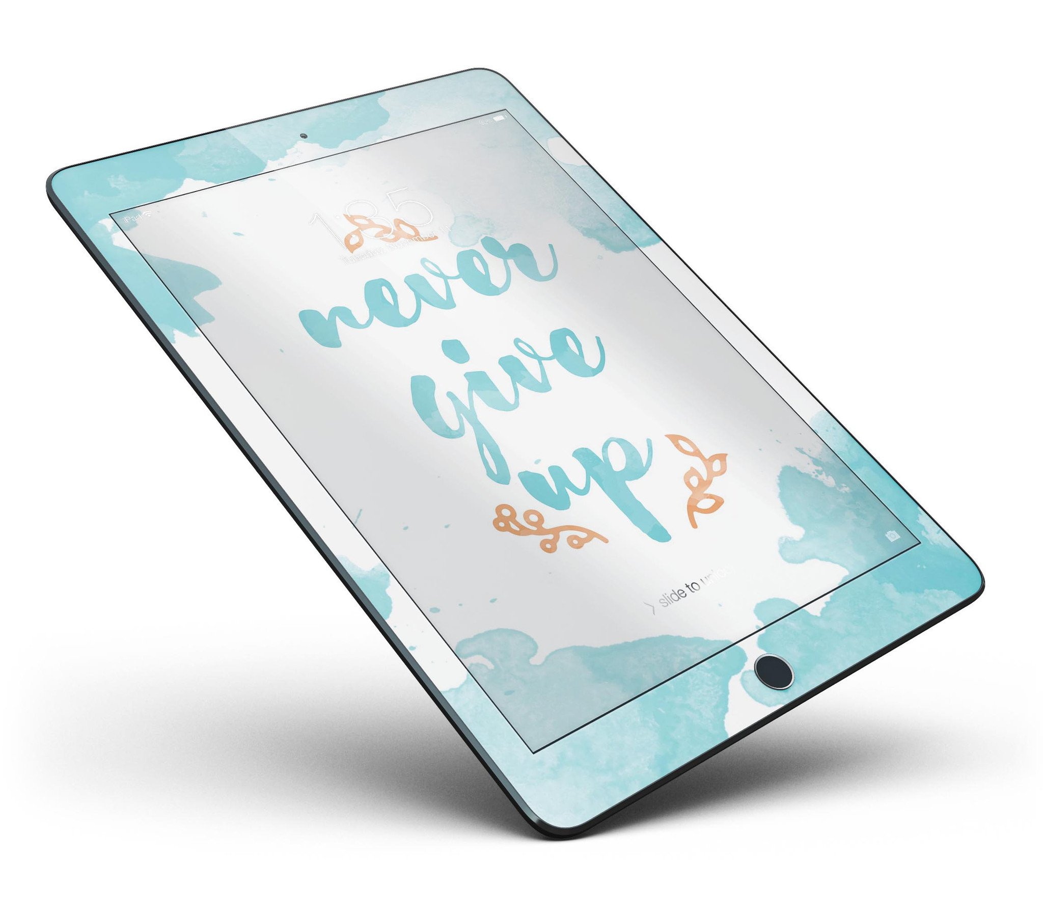 Blue Soft Never Give Up Full Body Skin for iPad Pro, showcasing vibrant blue design with motivational text and premium vinyl material.