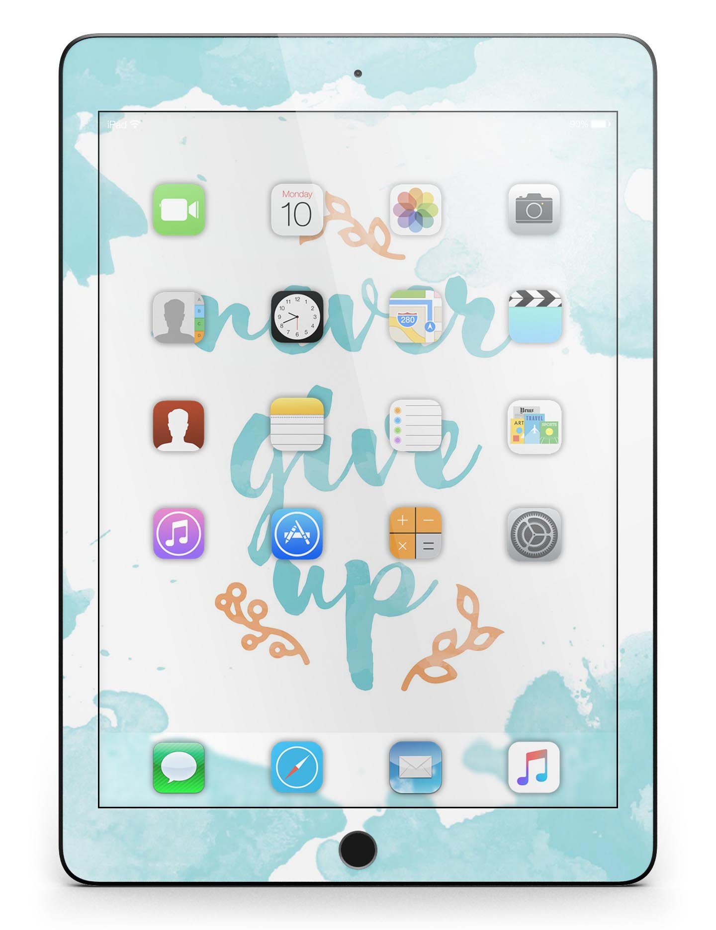 Blue Soft Never Give Up Full Body Skin for iPad Pro, showcasing vibrant blue design with motivational text and premium vinyl material.