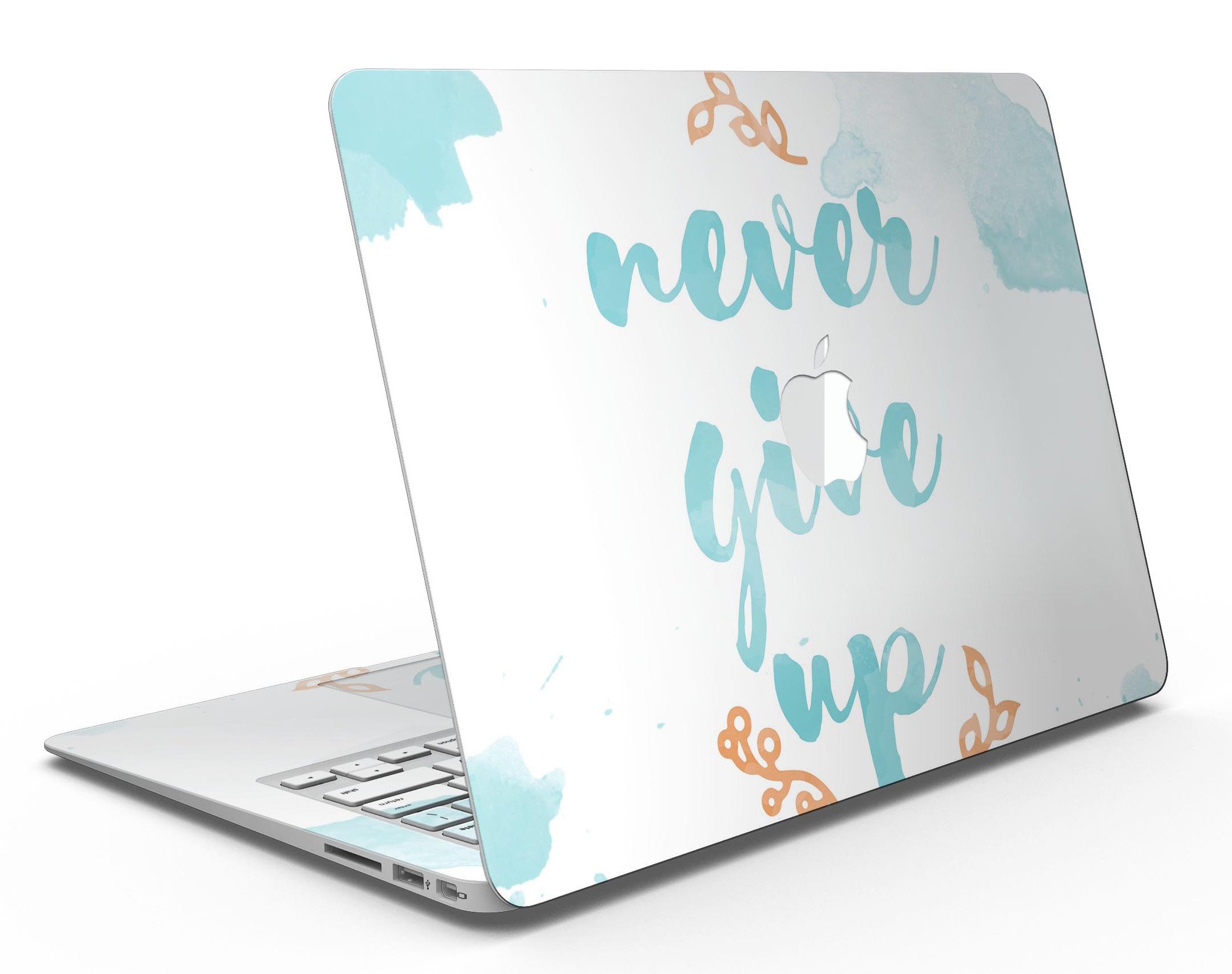 Blue Soft Never Give Up MacBook Air Skin Kit showcasing a stylish design with premium vinyl material.