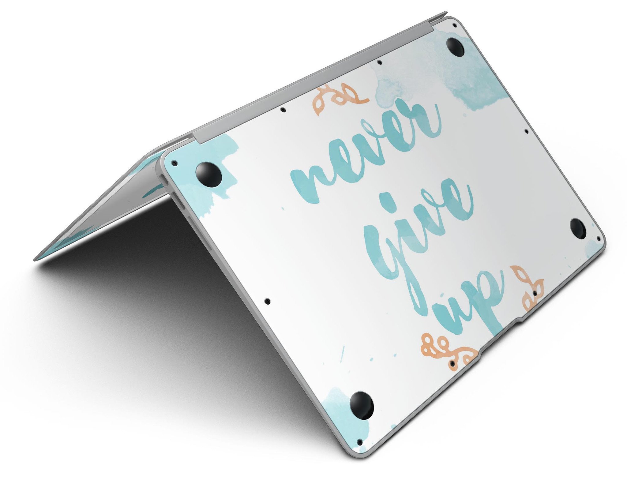 Blue Soft Never Give Up MacBook Air Skin Kit showcasing a stylish design with premium vinyl material.