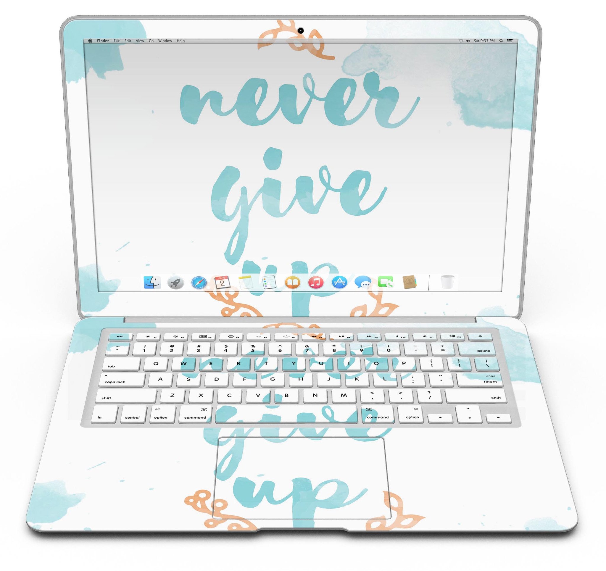 Blue Soft Never Give Up MacBook Air Skin Kit showcasing a stylish design with premium vinyl material.