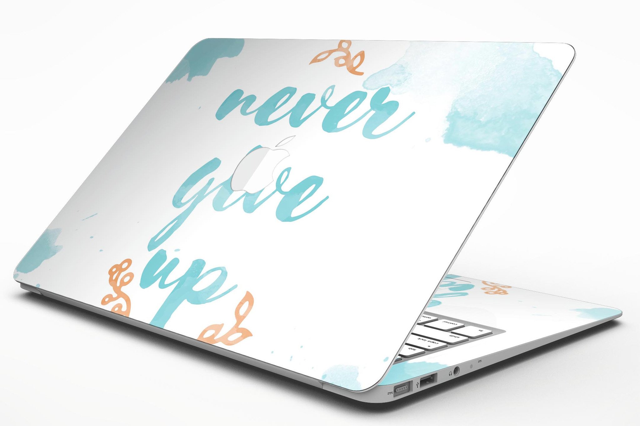 Blue Soft Never Give Up MacBook Air Skin Kit showcasing a stylish design with premium vinyl material.