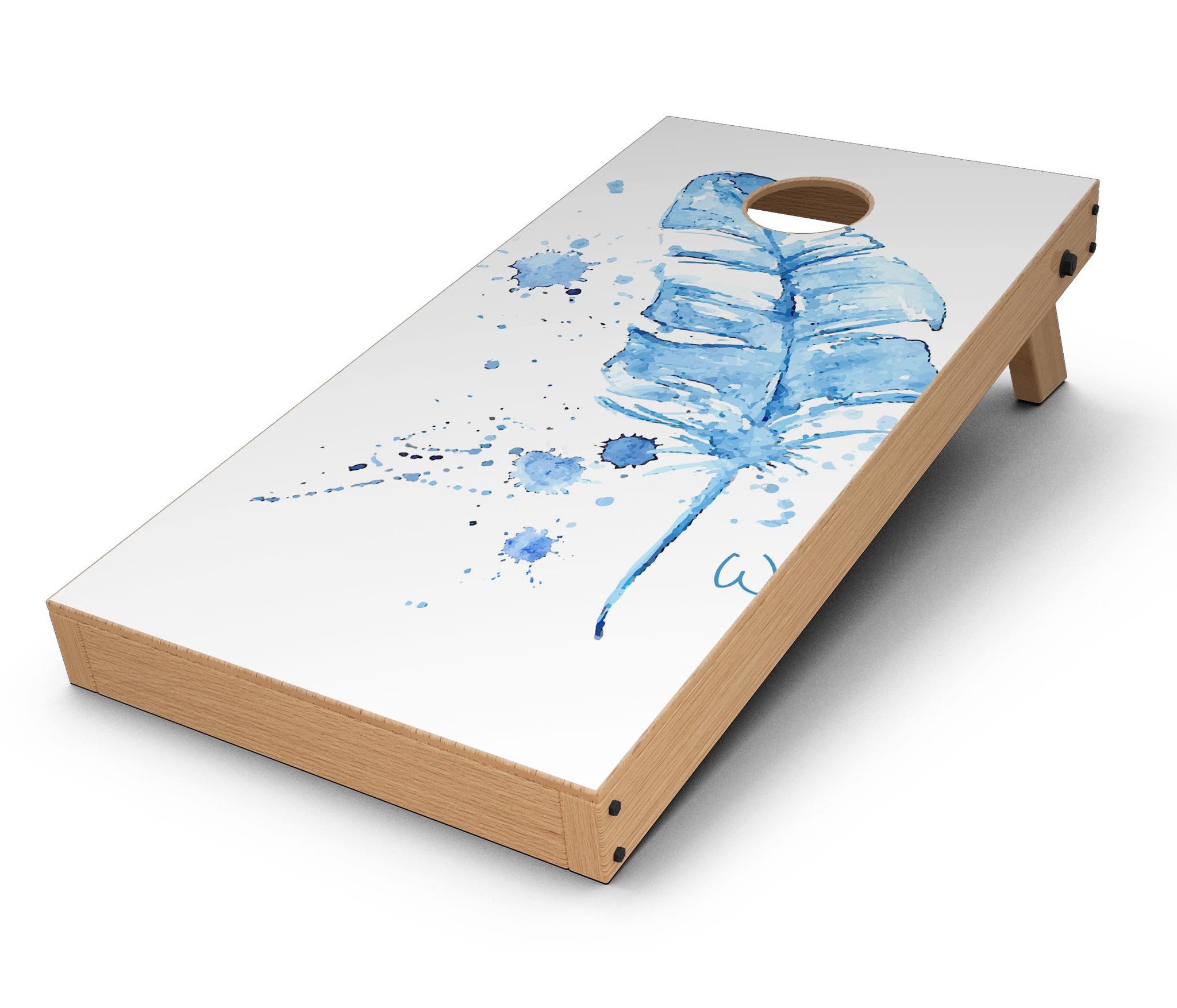 Blue Splatter Feather Cornhole Board Skin Decal Kit showcasing vibrant colors and unique design for custom Cornhole boards.