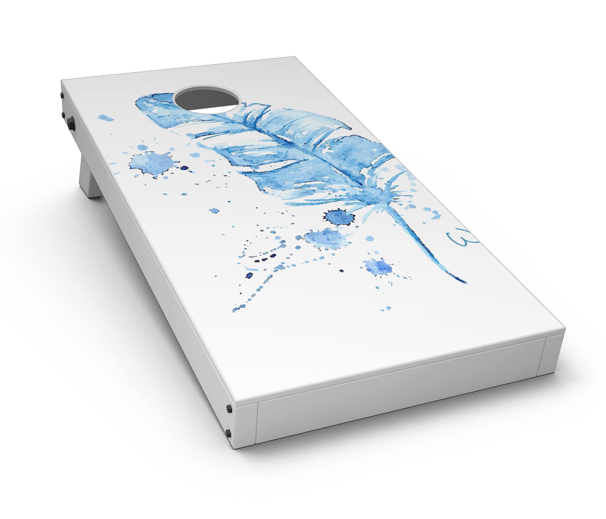 Blue Splatter Feather Cornhole Board Skin Decal Kit showcasing vibrant colors and unique design for custom Cornhole boards.