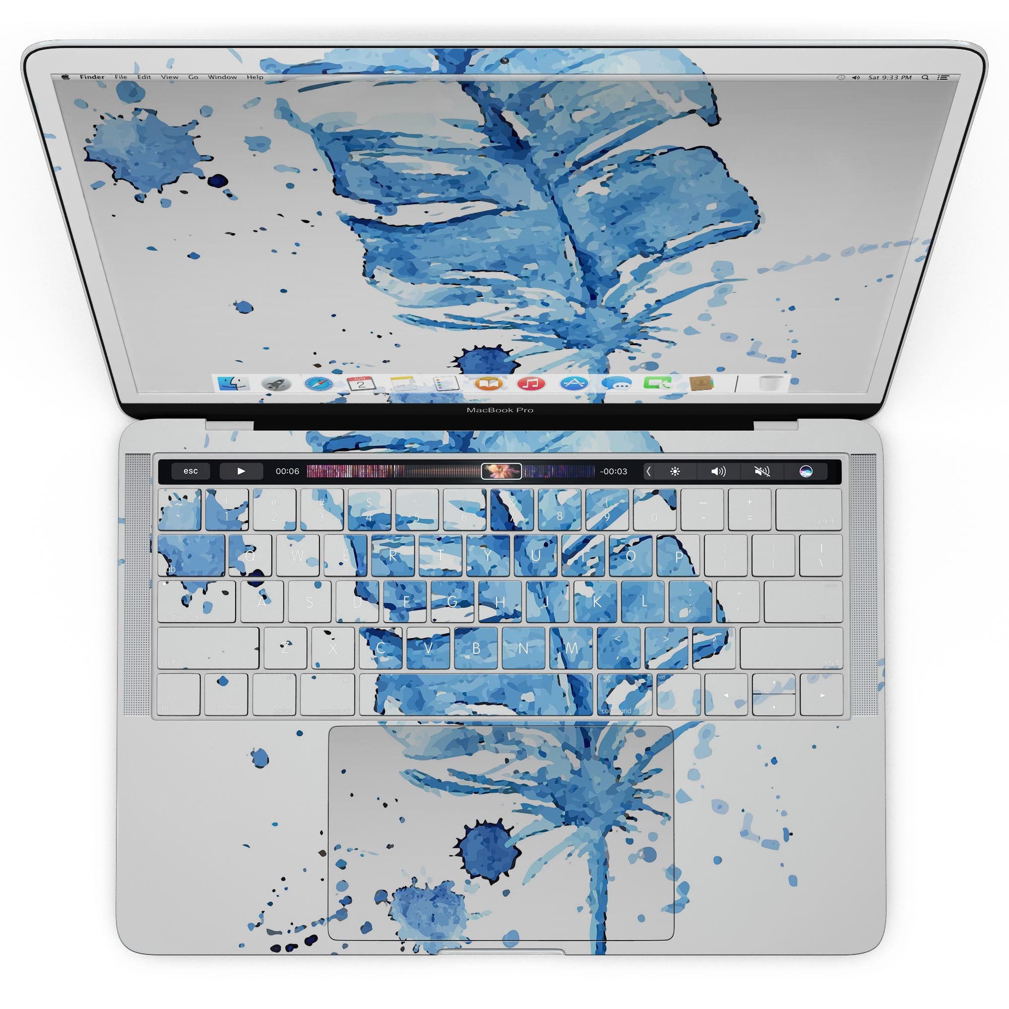 Blue Splatter Feather skin for MacBook Pro with Touch Bar, showcasing vibrant colors and unique design.