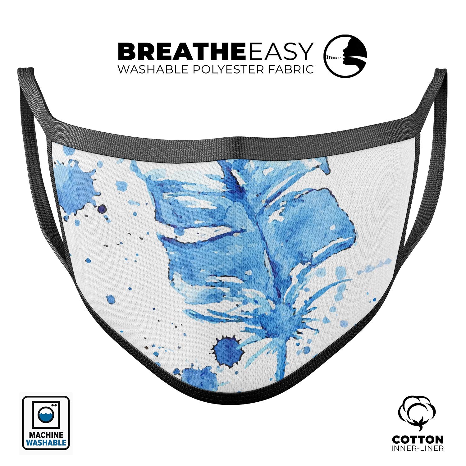 Blue Splatter Feather mouth cover, a stylish and comfortable unisex anti-dust mask made in the USA, featuring adjustable ear loops.