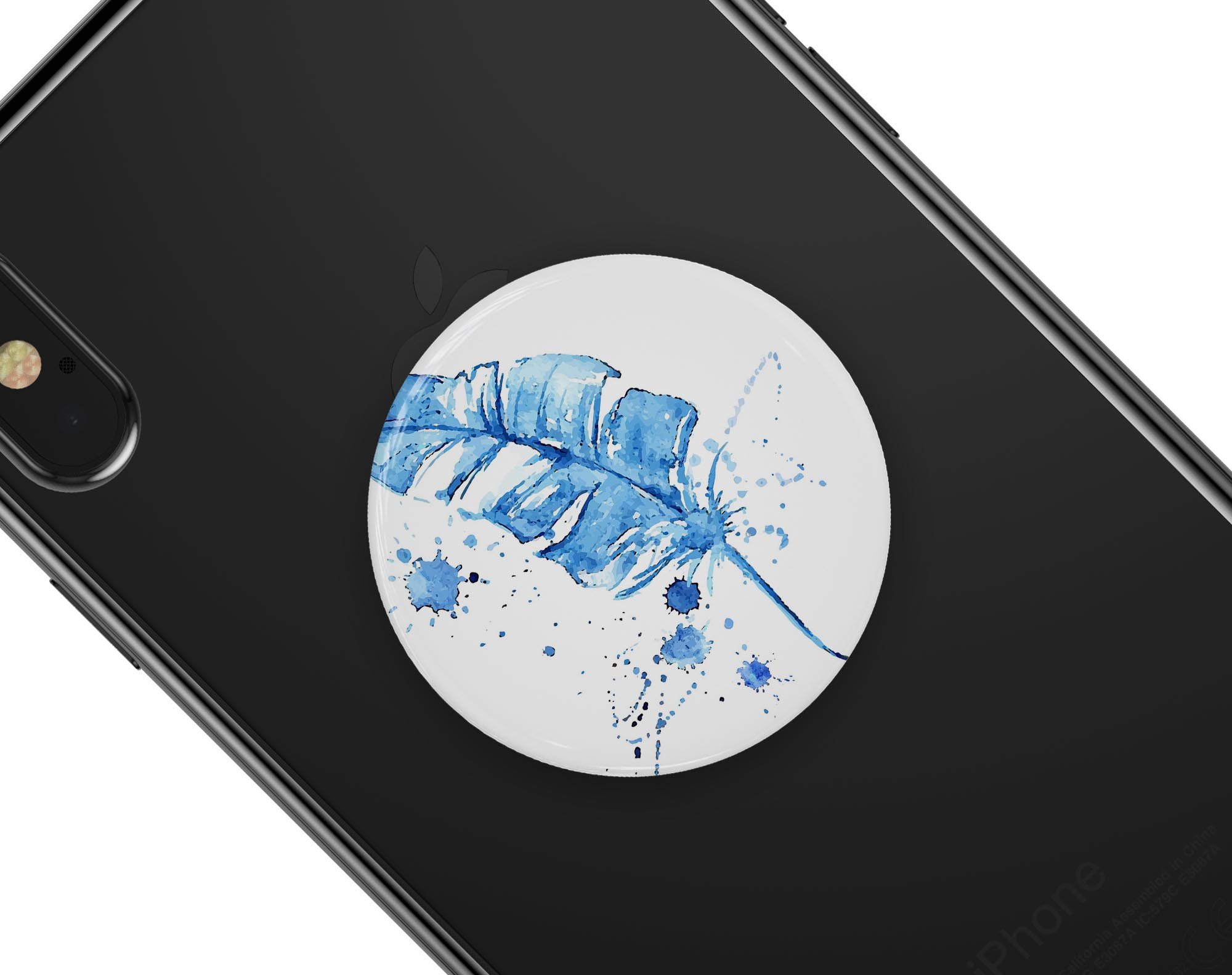 Blue Splatter Feather Skin Kit for PopSockets, showcasing vibrant blue splatter design on premium vinyl material.