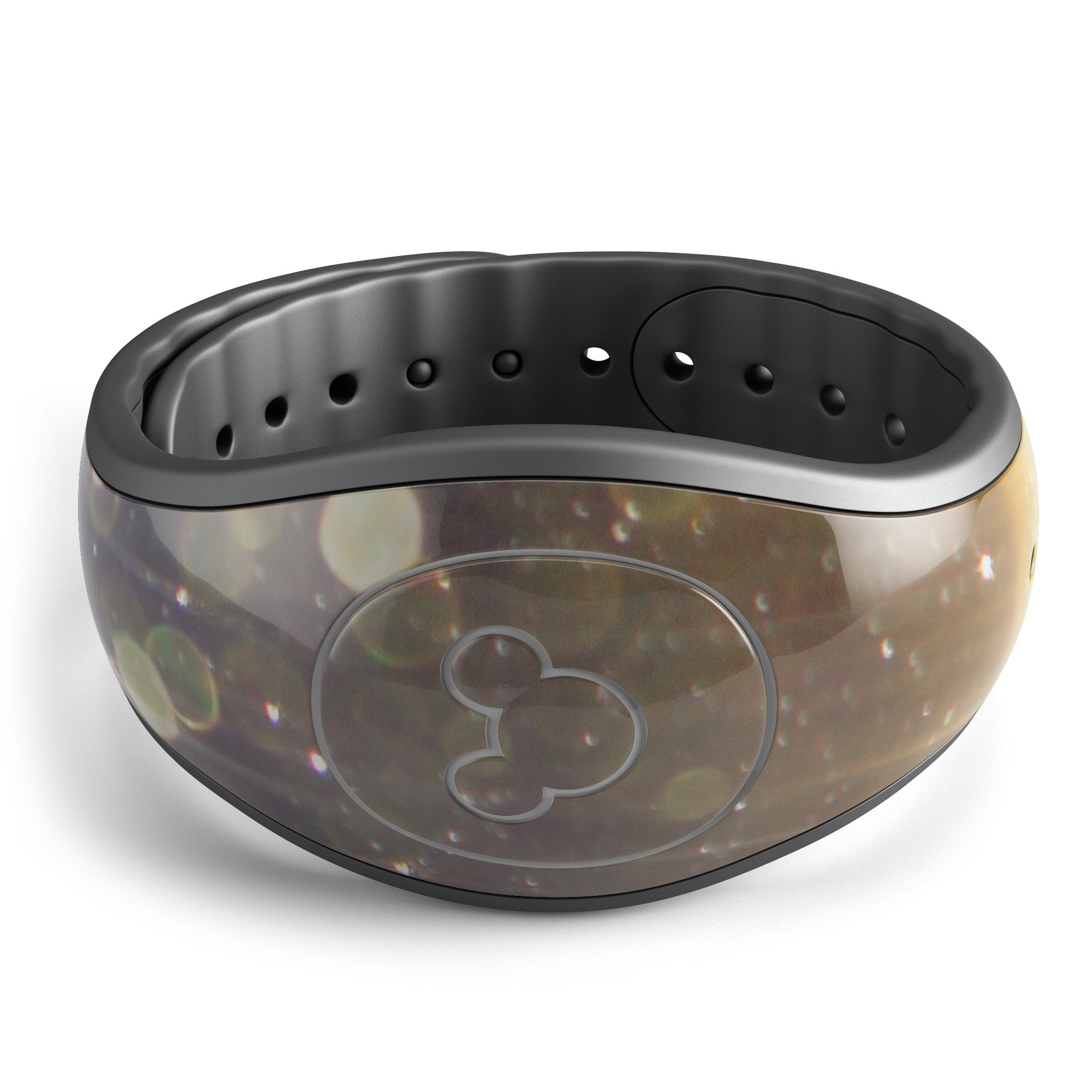 Blue decal skin wrap for Disney Magic Band featuring streaks and gold sparkles, showcasing a stylish and protective design.