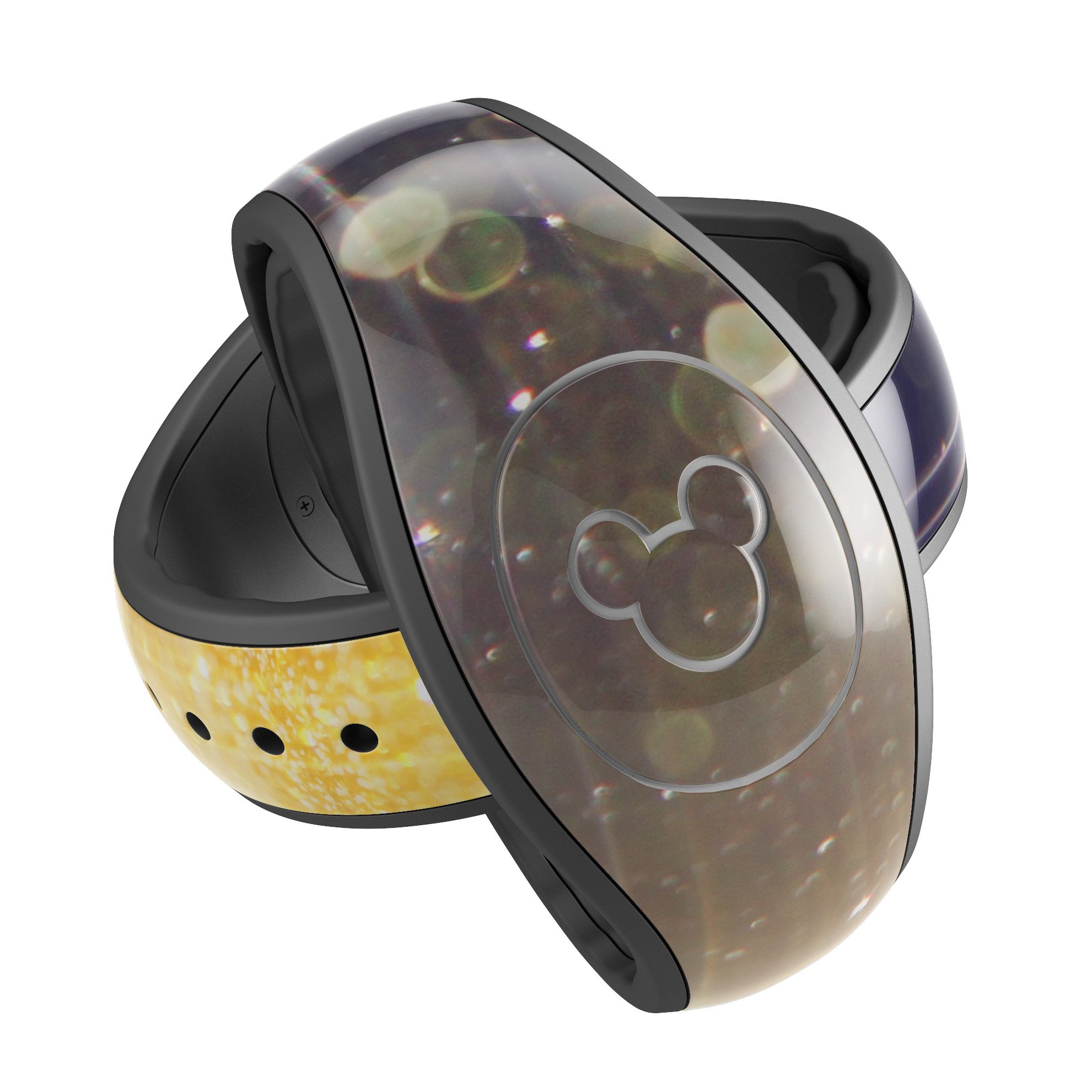 Blue decal skin wrap for Disney Magic Band featuring streaks and gold sparkles, showcasing a stylish and protective design.