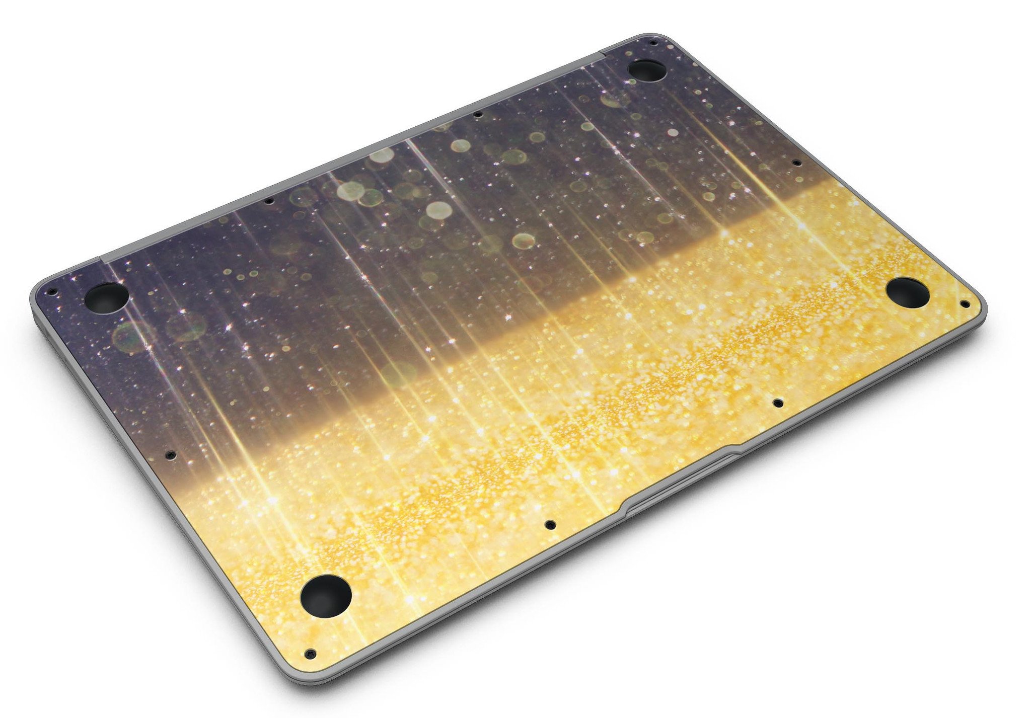 Blue MacBook Air skin featuring stretched streaks and unfocused gold sparkles, designed for style and protection.