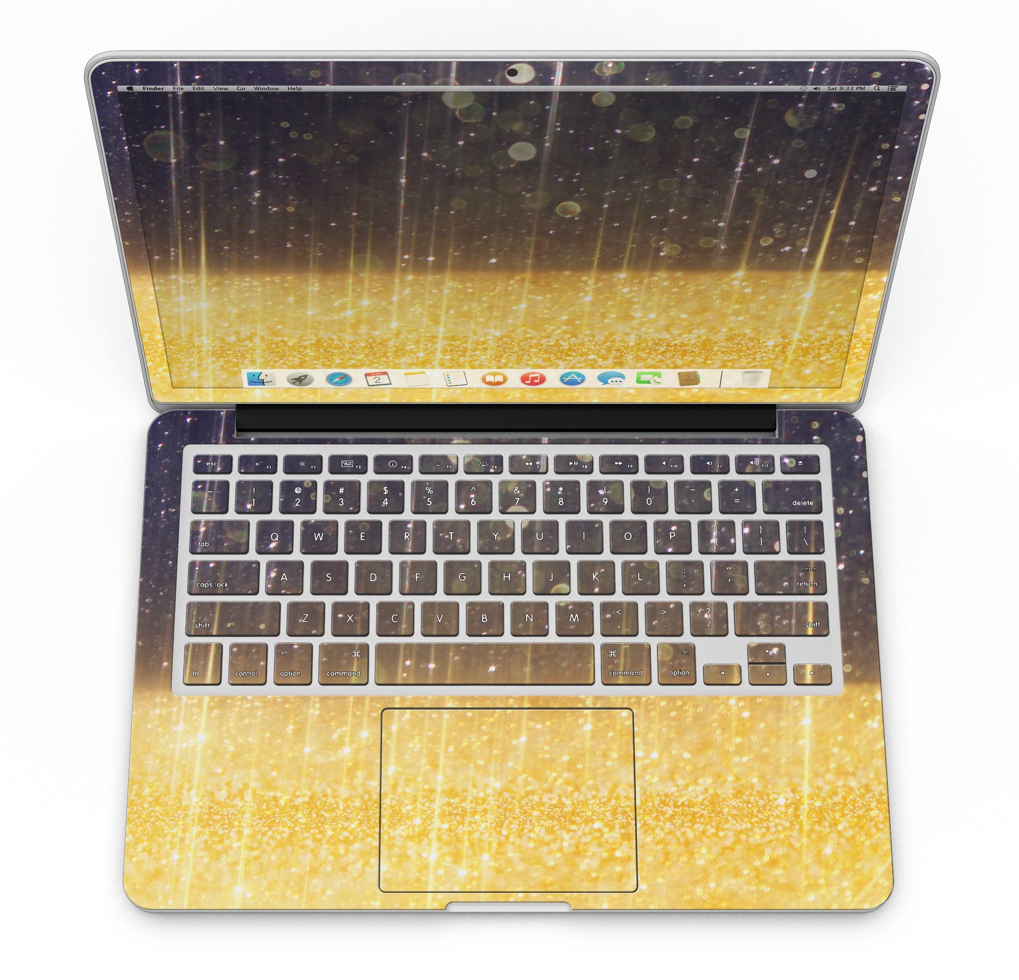 A MacBook Pro with a blue streaked skin featuring unfocused gold sparkles, showcasing a stylish and protective design.