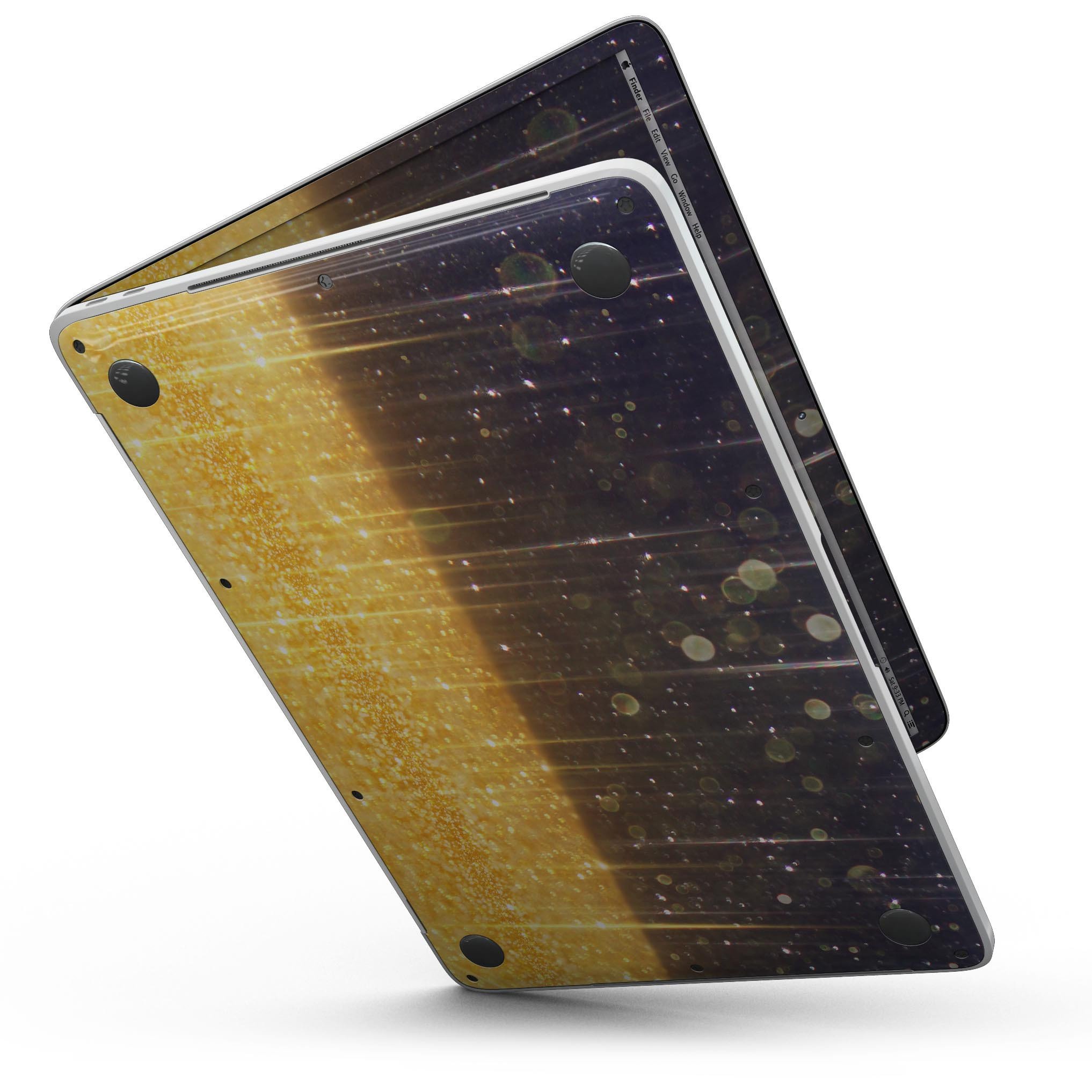 A MacBook Pro with a vibrant blue streaked skin featuring unfocused gold sparkles, showcasing its stylish design.