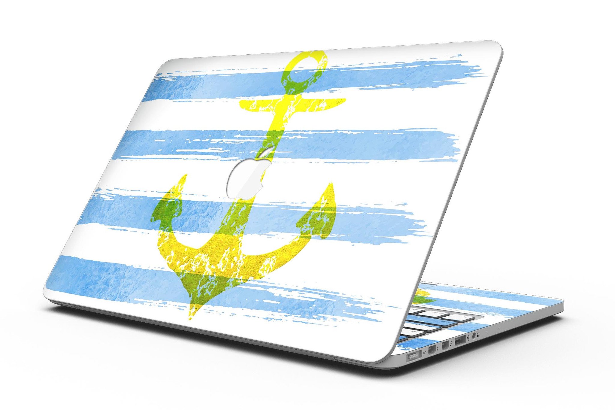 Blue striped watercolor skin with a gold anchor design for MacBook Pro Retina Display, showcasing vibrant colors and intricate details.
