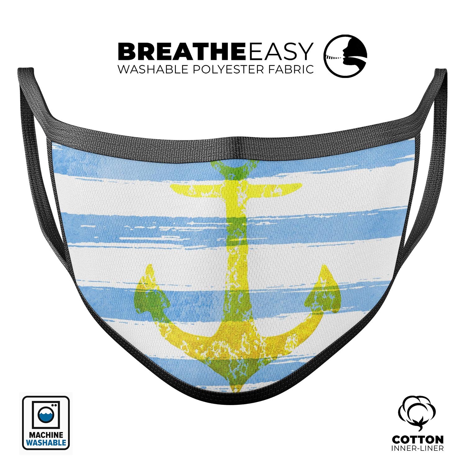 Blue striped watercolor face mask featuring a gold anchor design, made in the USA, showcasing adjustable ear loops and soft cotton material.