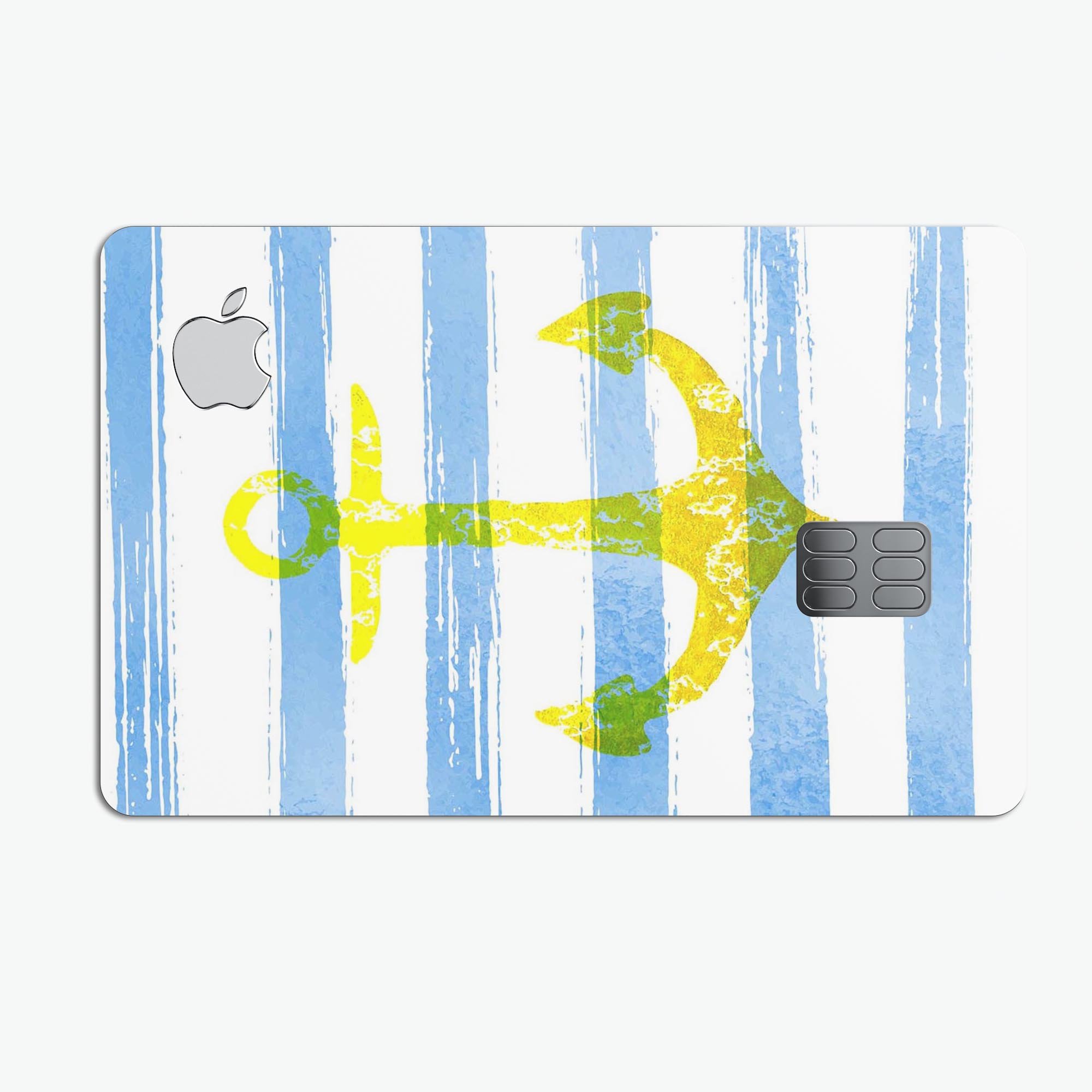 Blue Striped Watercolor Gold Anchor decal on an Apple Card, showcasing its vibrant design and premium quality.