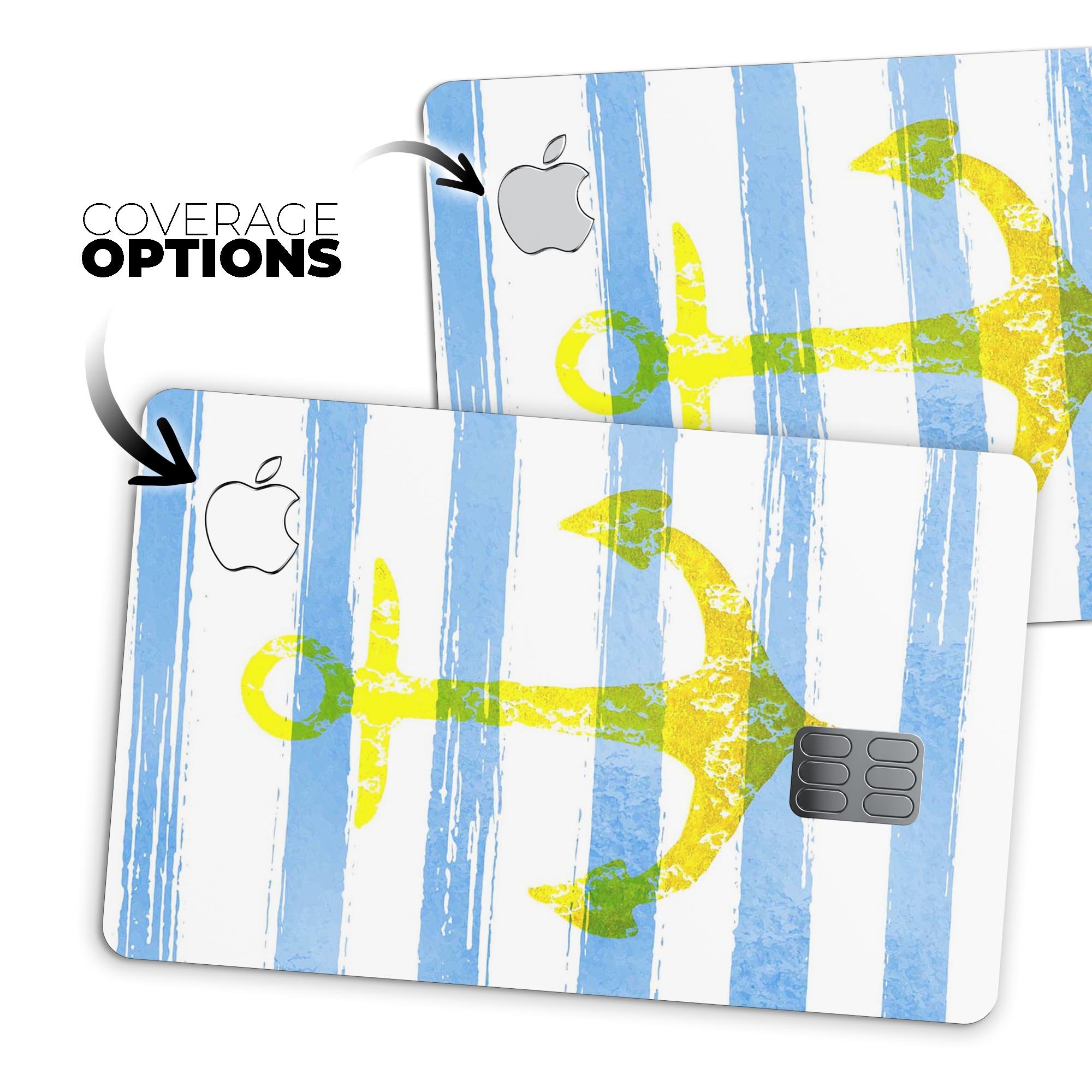 Blue Striped Watercolor Gold Anchor decal on an Apple Card, showcasing its vibrant design and premium quality.