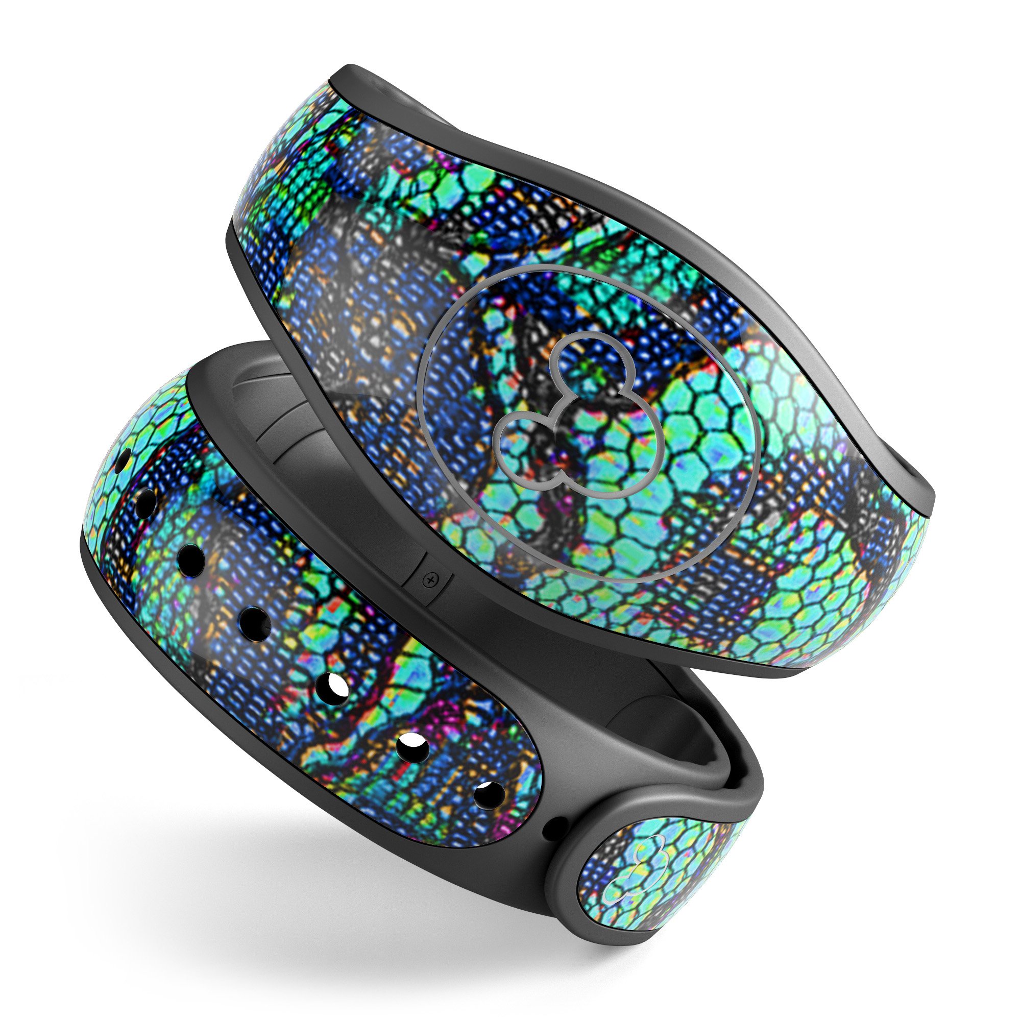 Blue and teal lace texture decal skin wrap for Disney Magic Band, showcasing intricate lace design and vibrant colors.