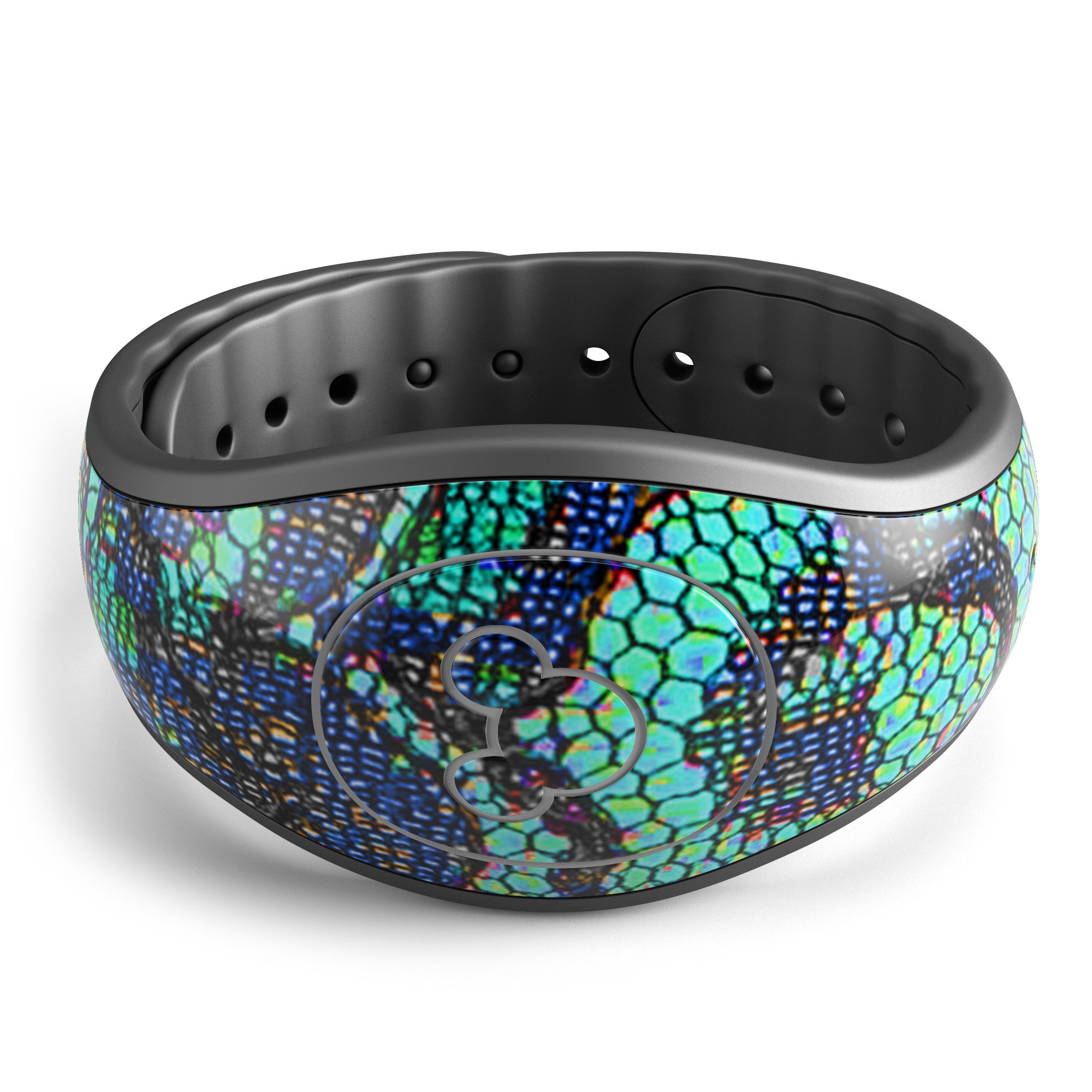 Blue and teal lace texture decal skin wrap for Disney Magic Band, showcasing intricate lace design and vibrant colors.