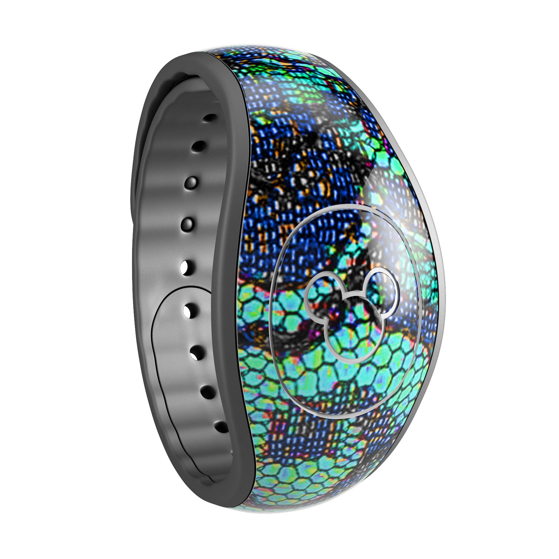 Blue and teal lace texture decal skin wrap for Disney Magic Band, showcasing intricate lace design and vibrant colors.