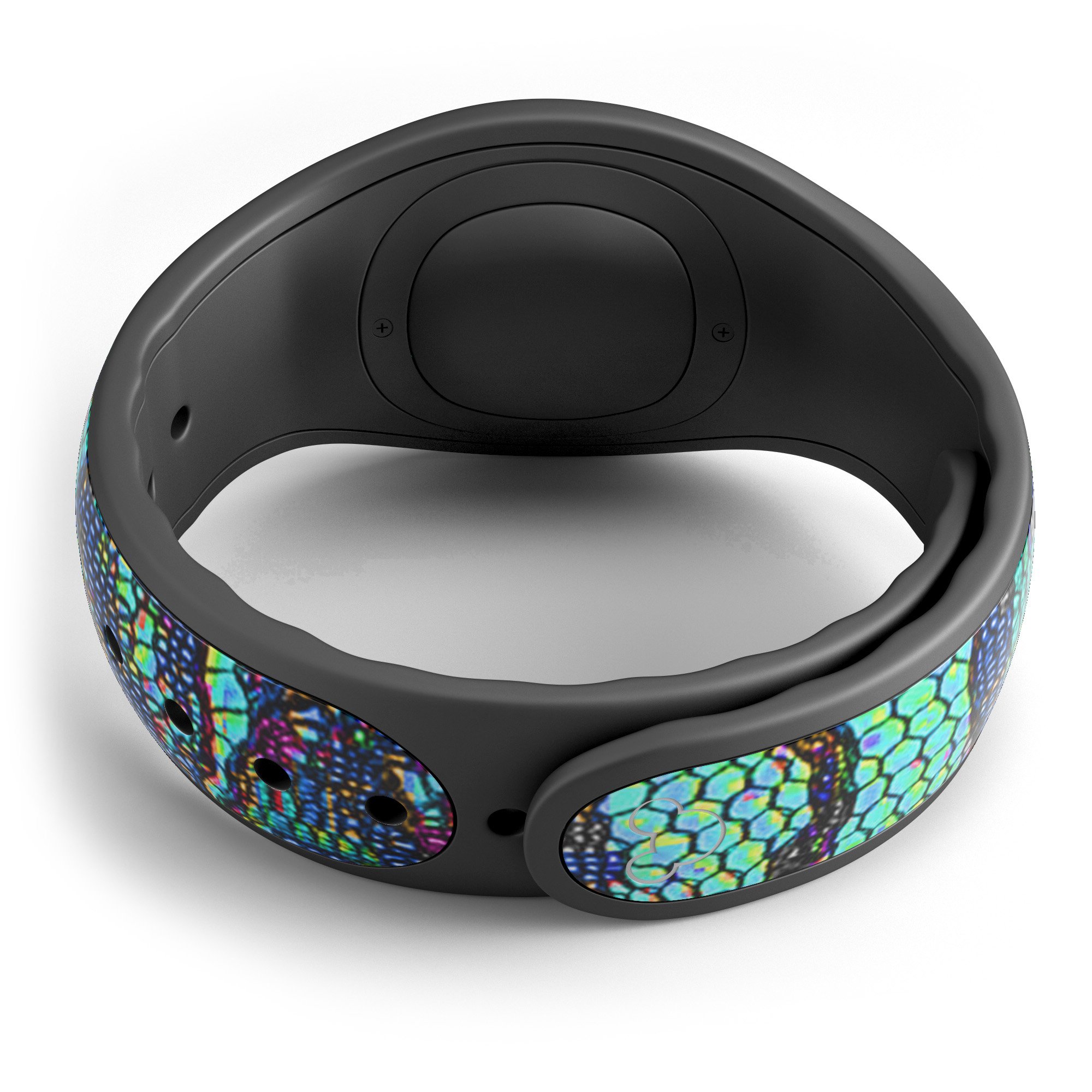 Blue and teal lace texture decal skin wrap for Disney Magic Band, showcasing intricate lace design and vibrant colors.