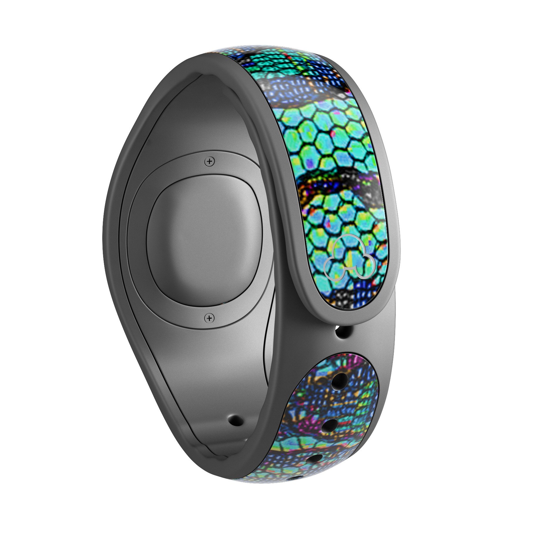 Blue and teal lace texture decal skin wrap for Disney Magic Band, showcasing intricate lace design and vibrant colors.