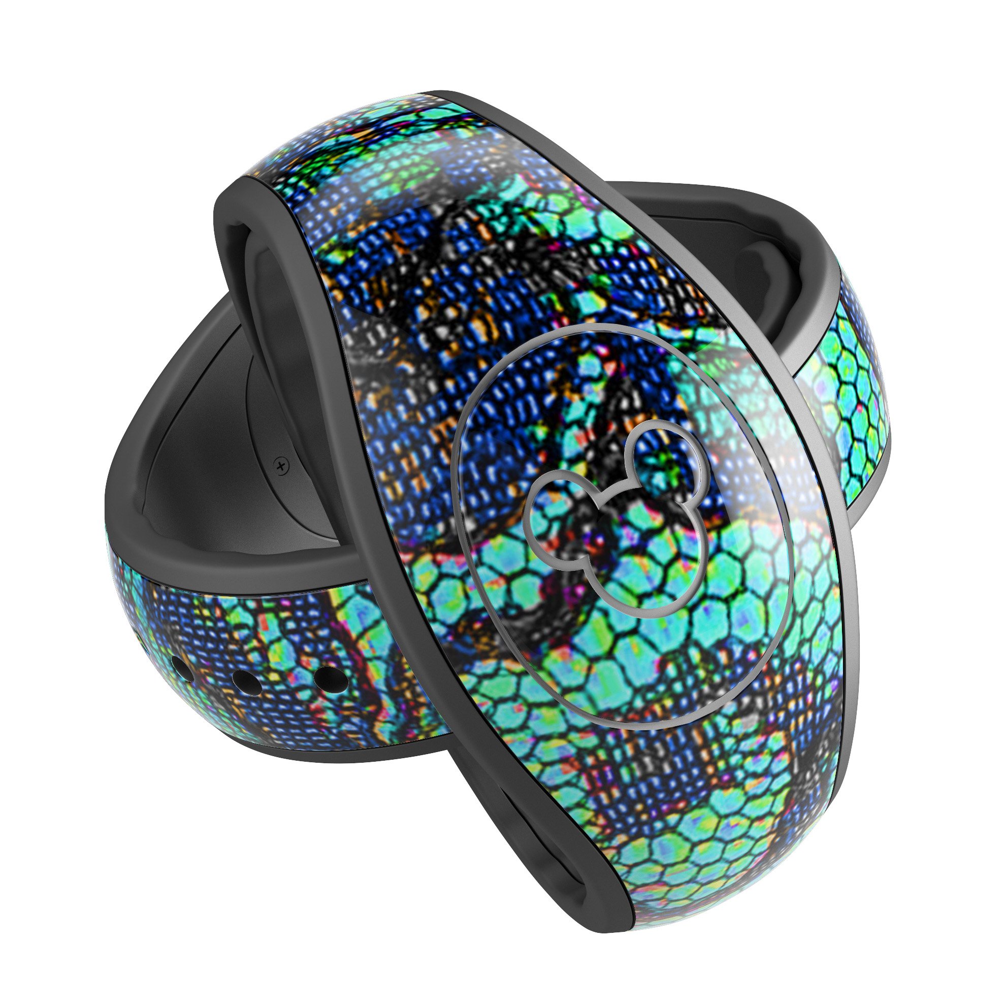Blue and teal lace texture decal skin wrap for Disney Magic Band, showcasing intricate lace design and vibrant colors.