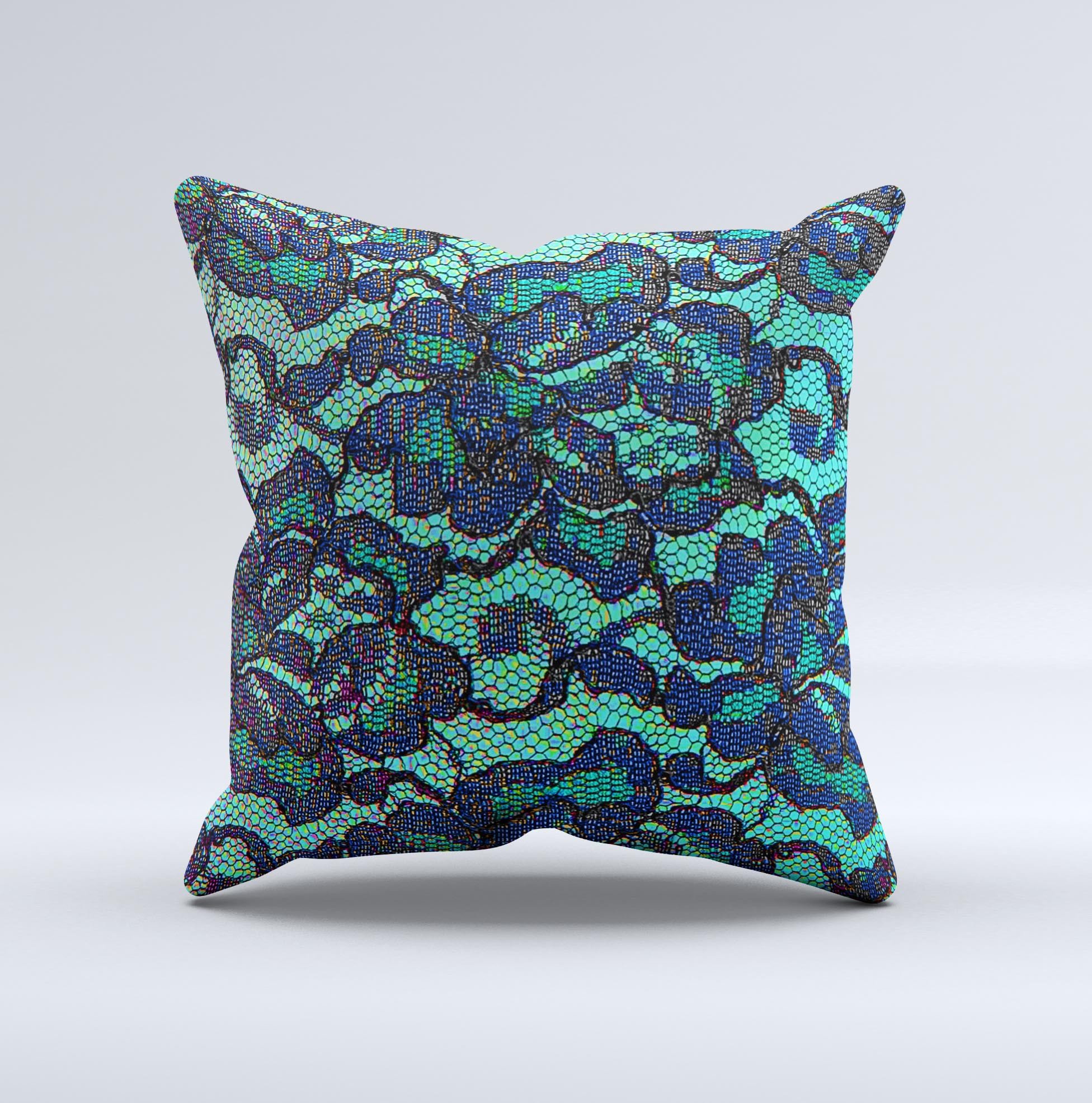 Blue and teal decorative throw pillow with lace texture, handcrafted in Virginia, showcasing unique design and high-quality materials.