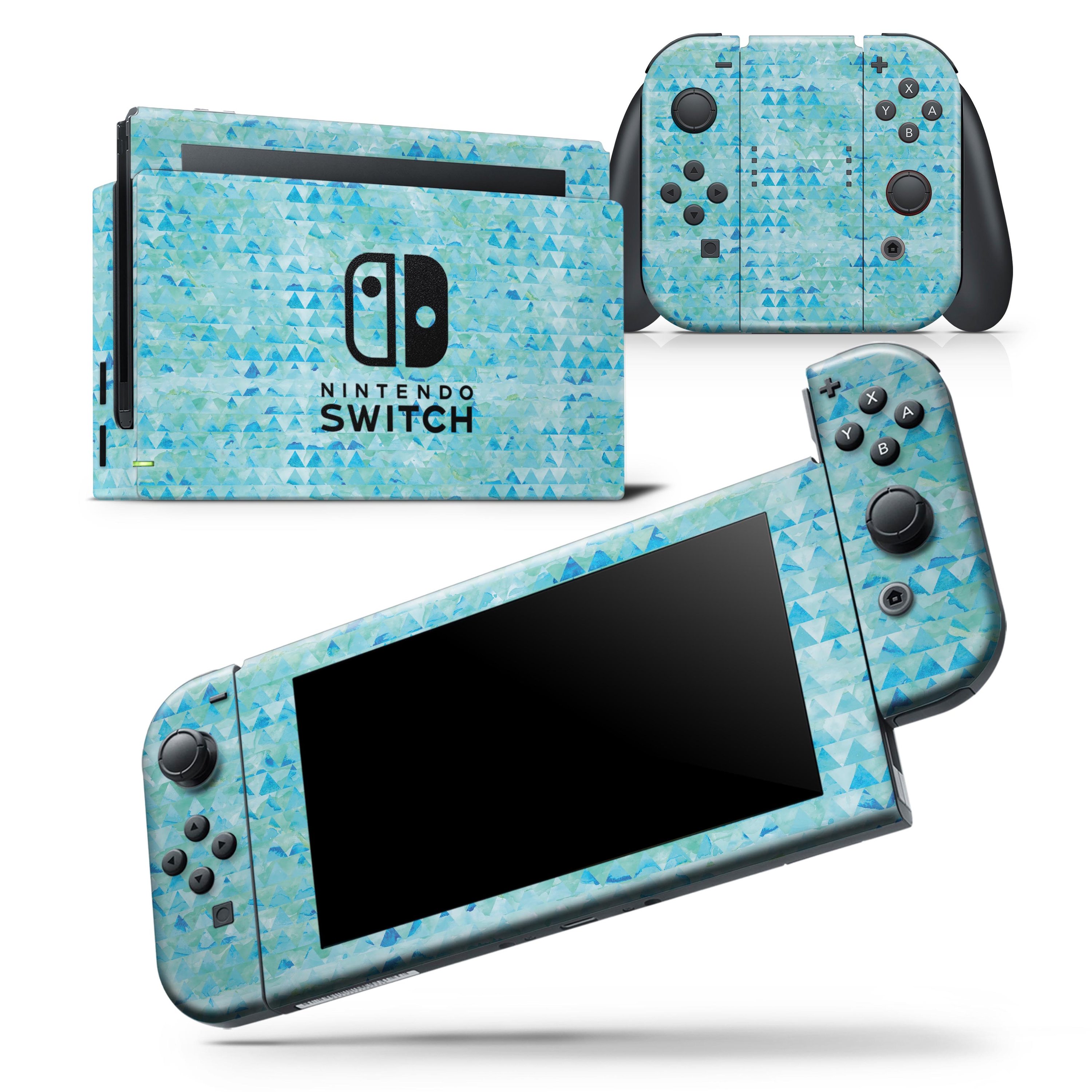 Blue Textured Triangle Pattern Skin Wrap Decal for Nintendo Switch, showcasing a stylish design that fits snugly on the console and controllers.