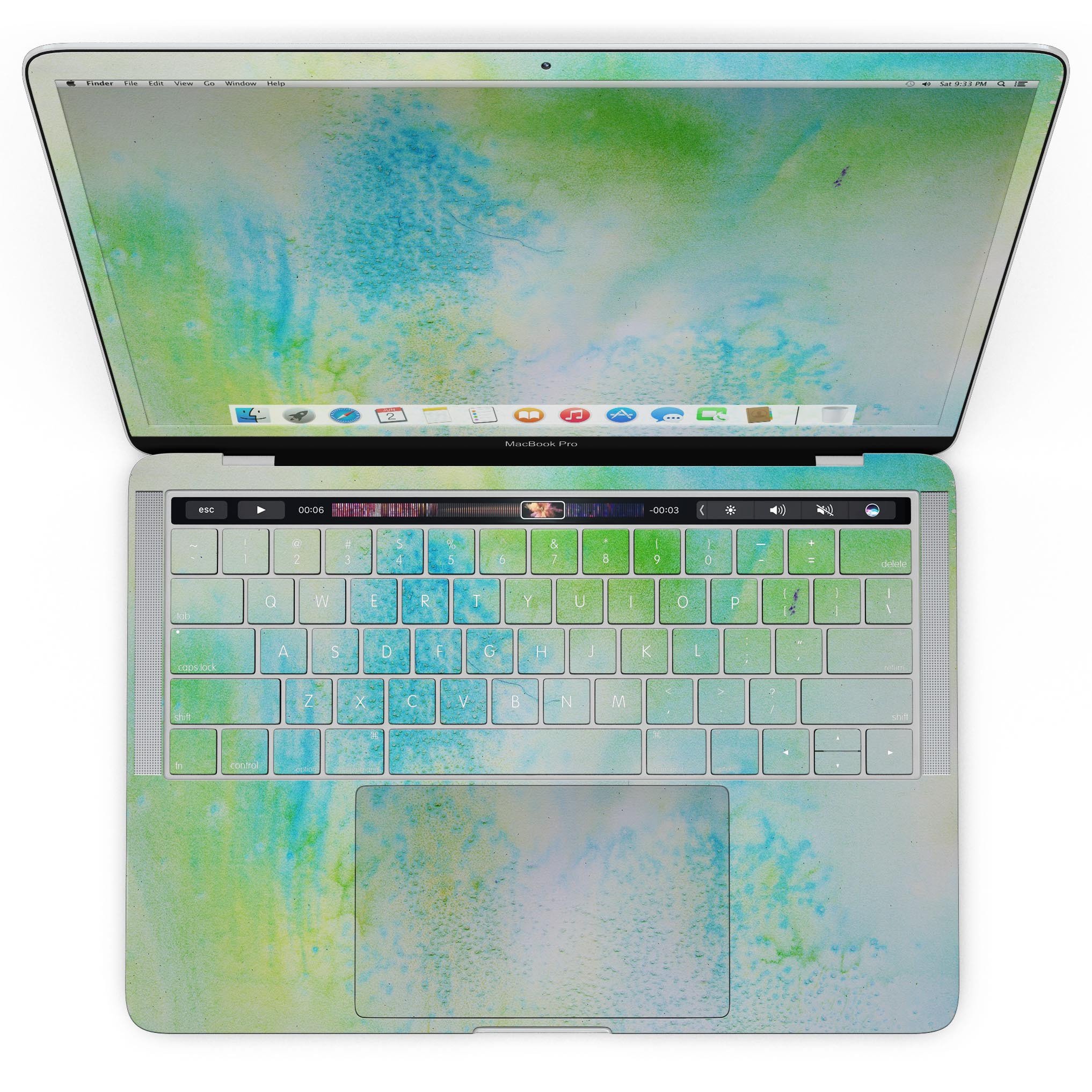 Blue to Green 4221 Absorbed Watercolor Texture skin for MacBook Pro, showcasing vibrant colors and artistic design.