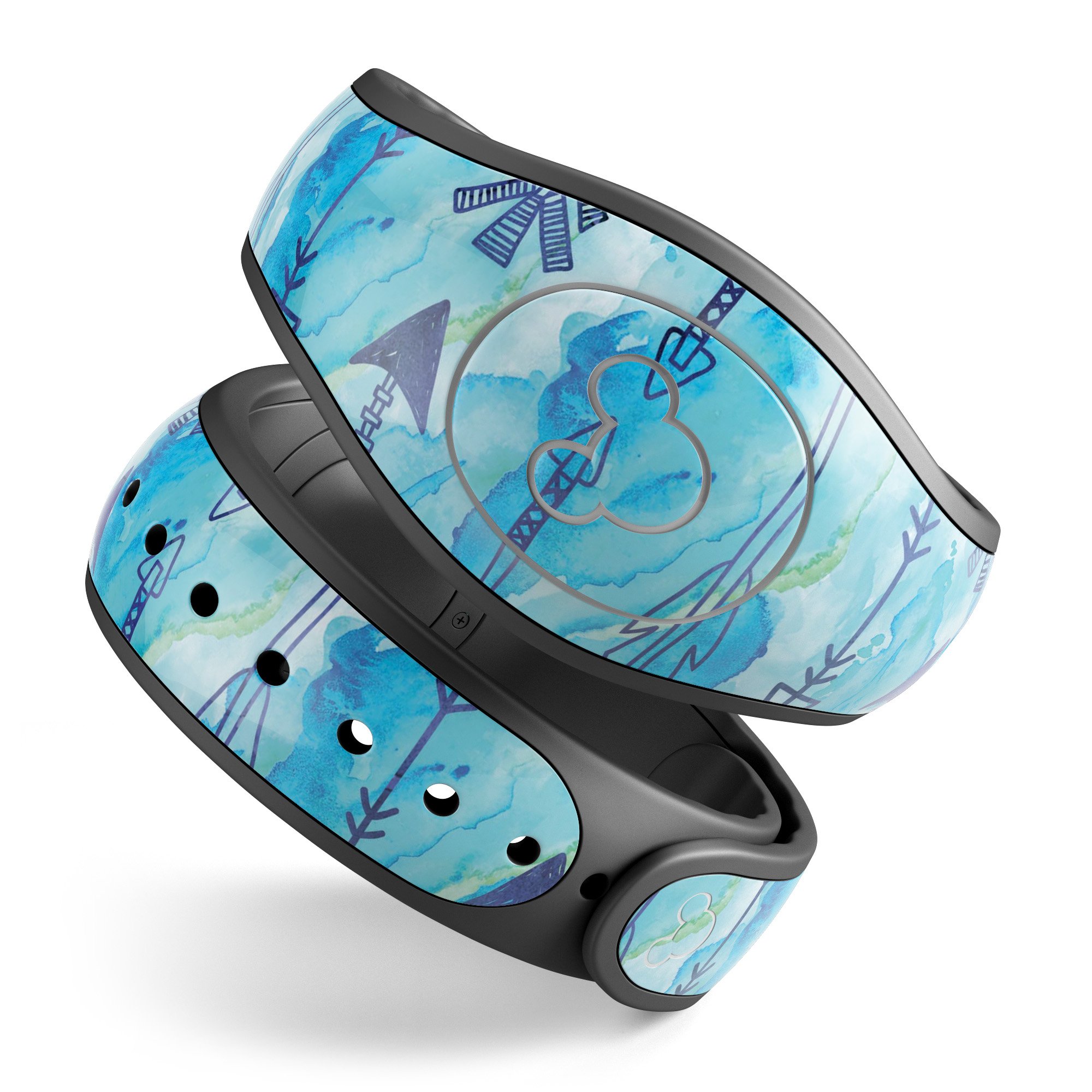 Blue Tribal Arrow Pattern decal skin wrap kit for Disney Magic Band, showcasing vibrant tribal design and high-quality finish.