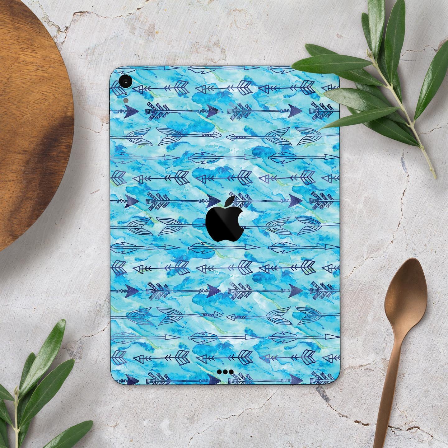 Blue Tribal Arrow Pattern skin decal for Apple iPad, showcasing intricate tribal designs on a full-body protective skin.