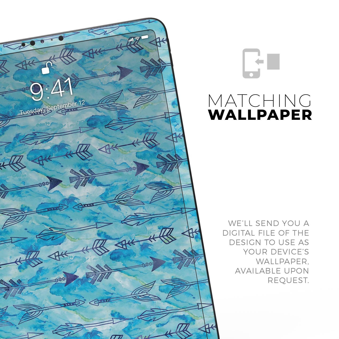 Blue Tribal Arrow Pattern skin decal for Apple iPad, showcasing intricate tribal designs on a full-body protective skin.