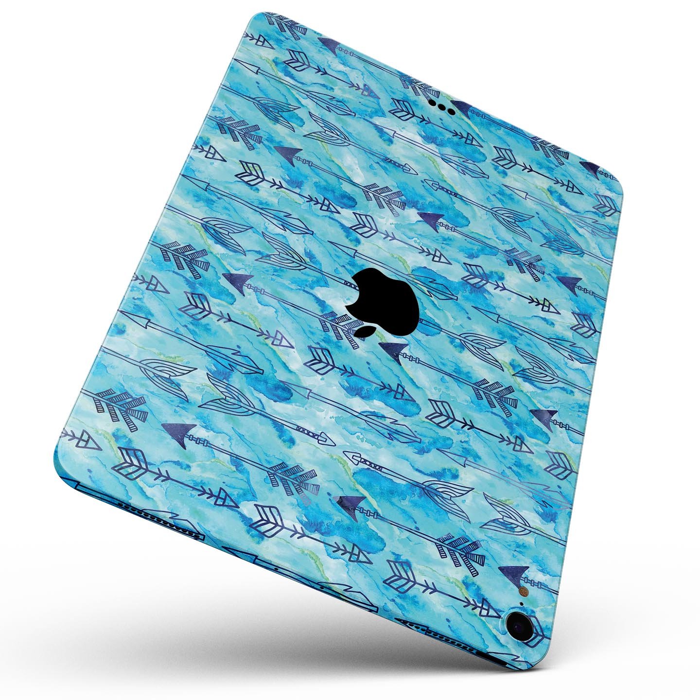 Blue Tribal Arrow Pattern skin decal for Apple iPad, showcasing intricate tribal designs on a full-body protective skin.