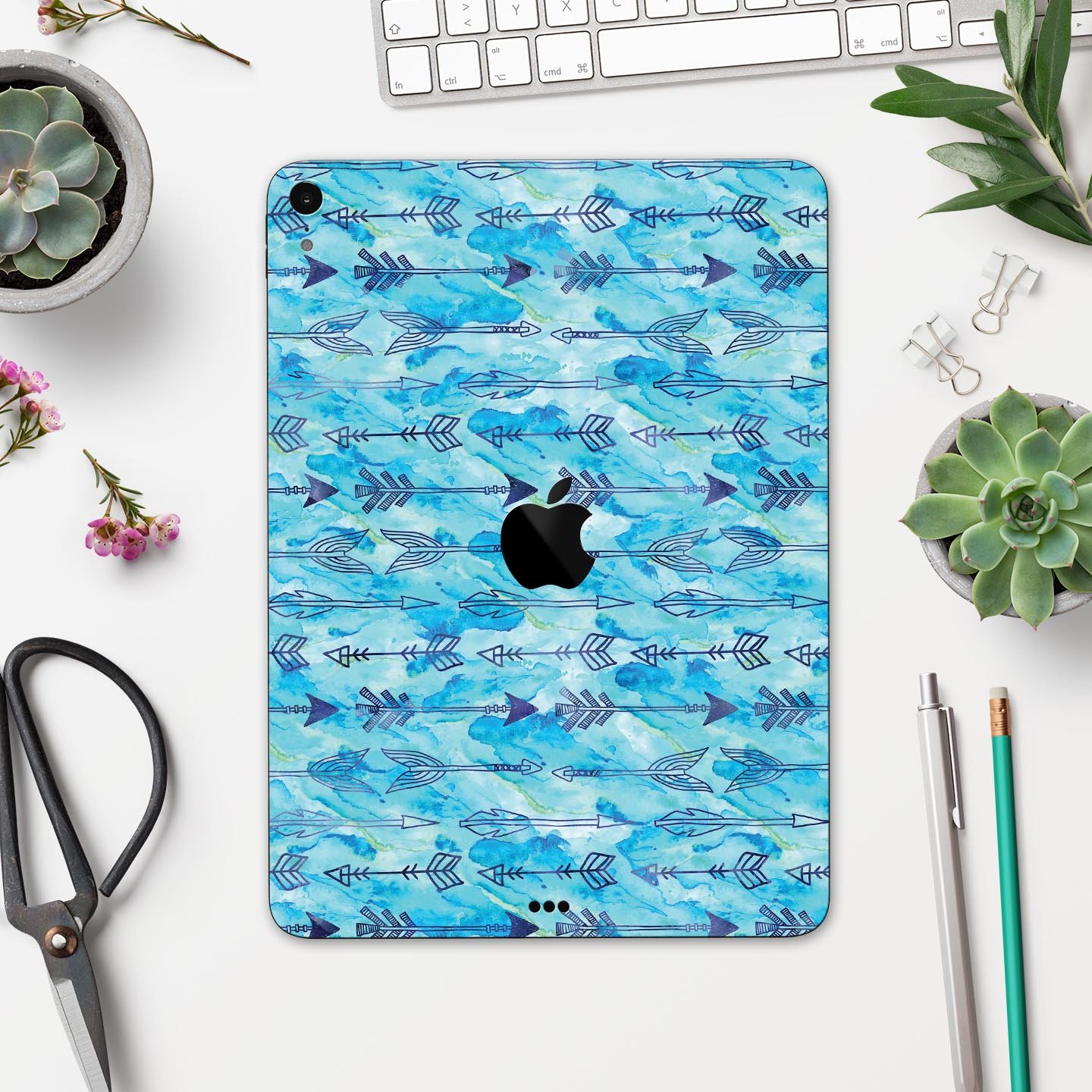 Blue Tribal Arrow Pattern skin decal for Apple iPad, showcasing intricate tribal designs on a full-body protective skin.