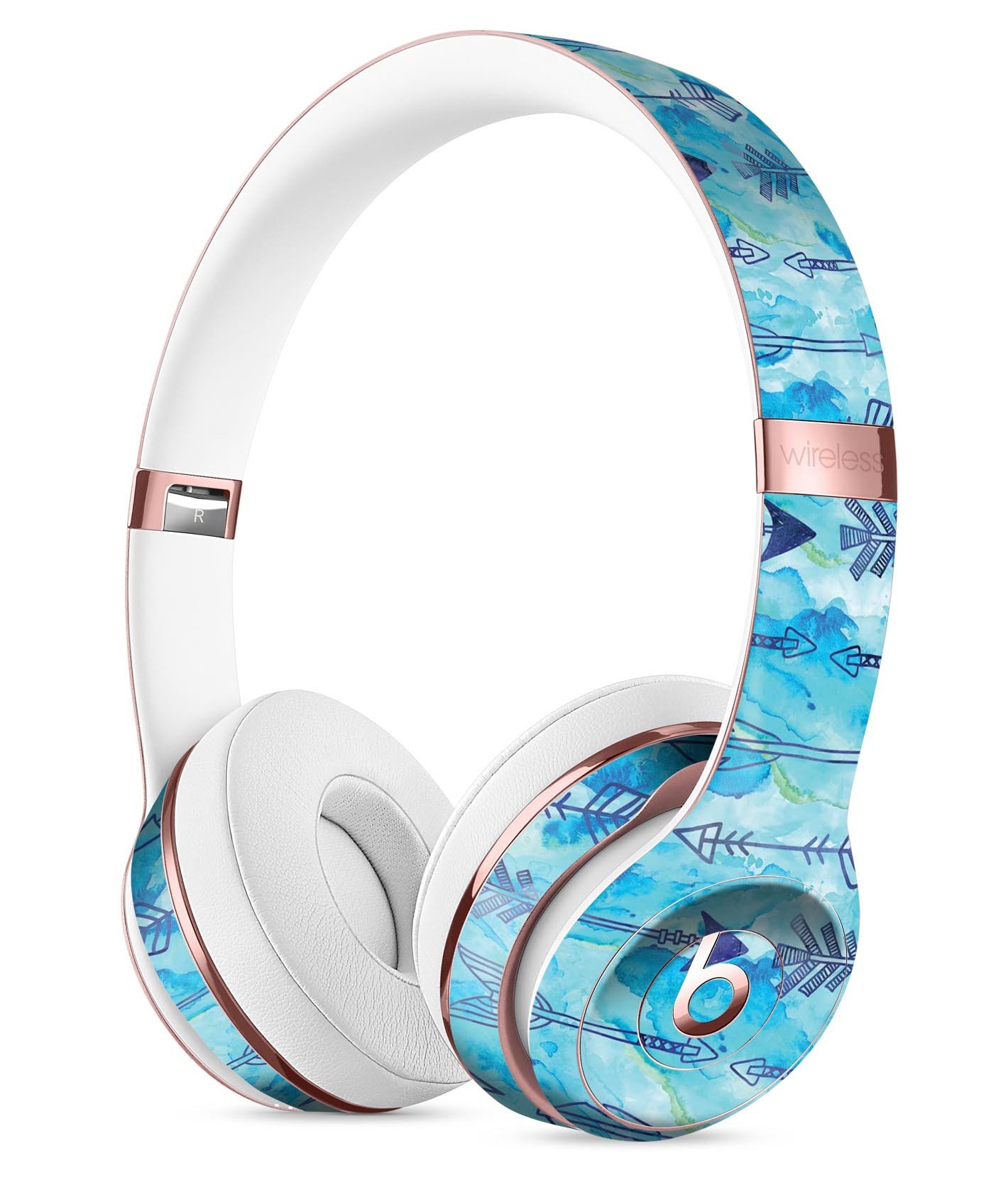 Blue Tribal Arrow Pattern Full-Body Skin Kit for Beats by Dre Solo 3 Wireless Headphones, showcasing vibrant tribal design and premium vinyl material.