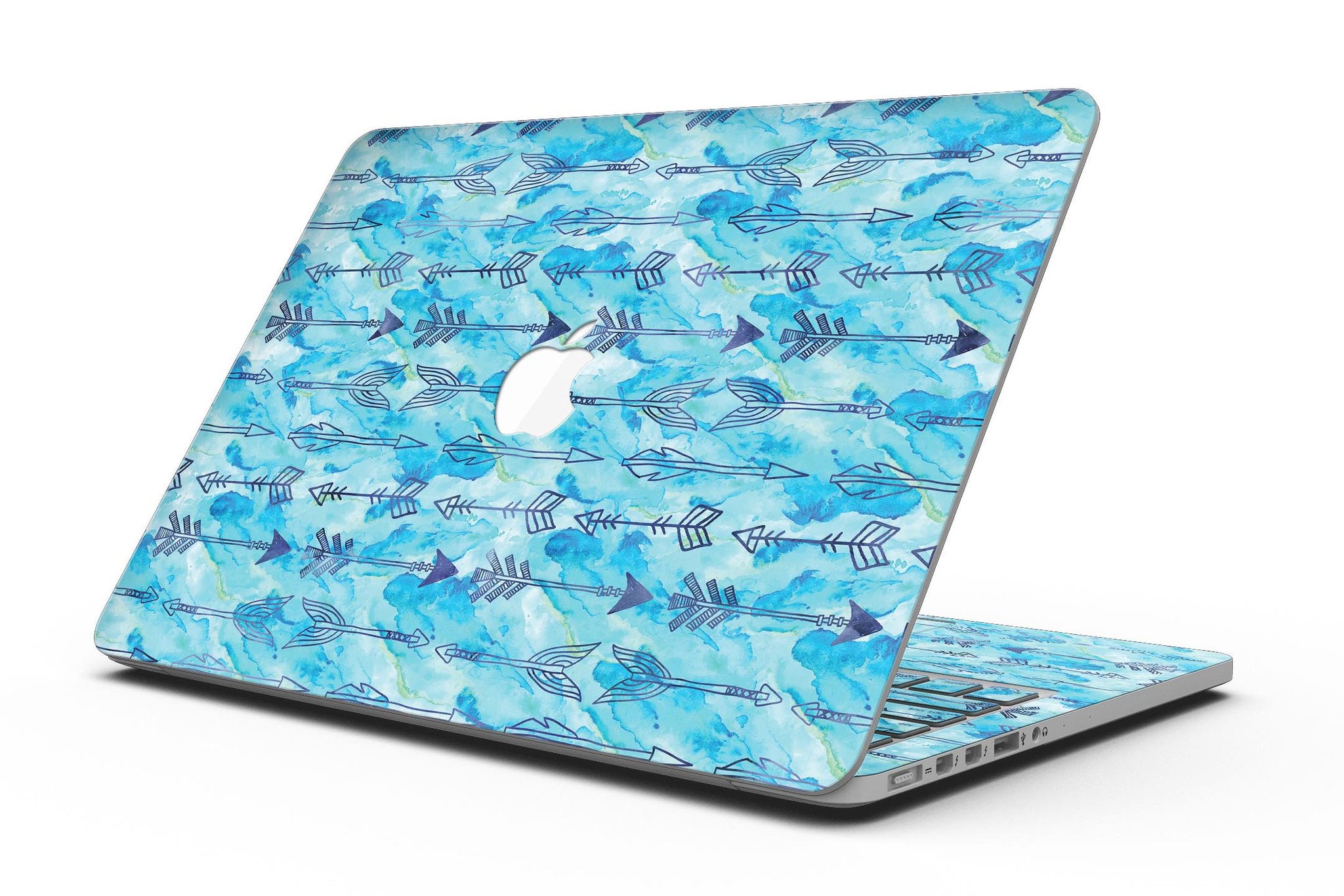 Blue Tribal Arrow Pattern skin for MacBook Pro with Retina Display, showcasing vibrant tribal design and premium vinyl material.