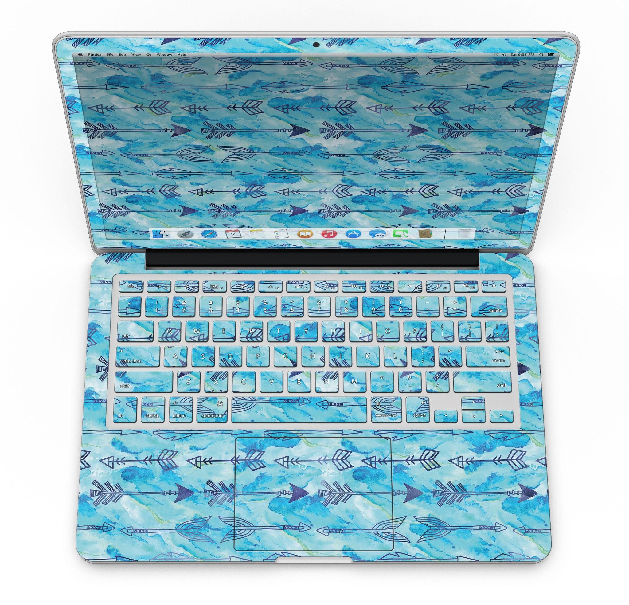 Blue Tribal Arrow Pattern skin for MacBook Pro with Retina Display, showcasing vibrant tribal design and premium vinyl material.
