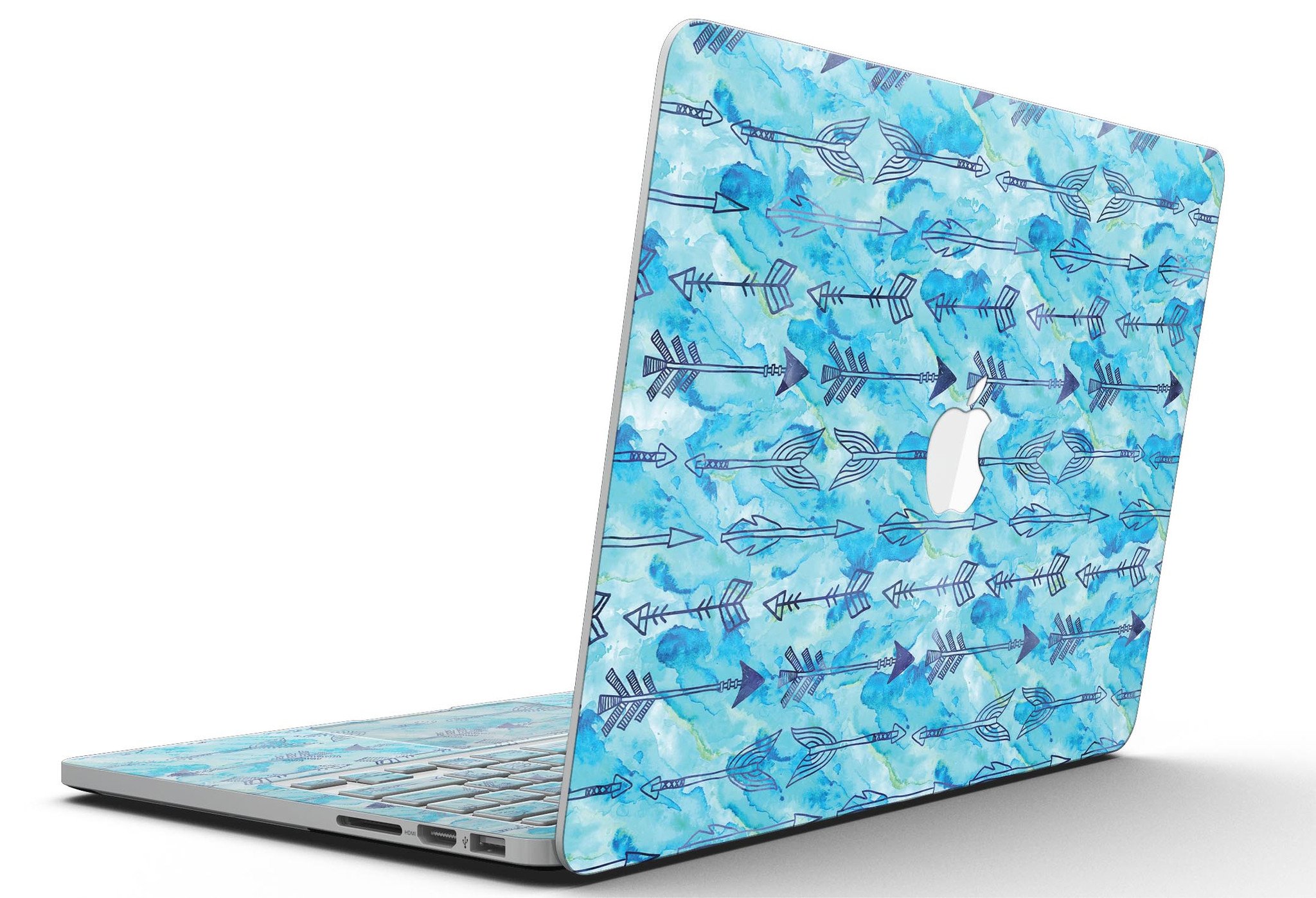 Blue Tribal Arrow Pattern skin for MacBook Pro with Retina Display, showcasing vibrant tribal design and premium vinyl material.