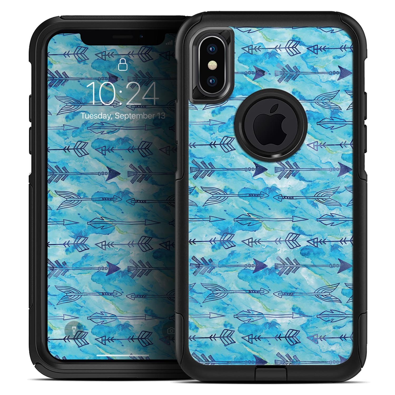 Blue Tribal Arrow Pattern Skin Kit for iPhone OtterBox Cases, showcasing a vibrant tribal design on a protective skin.