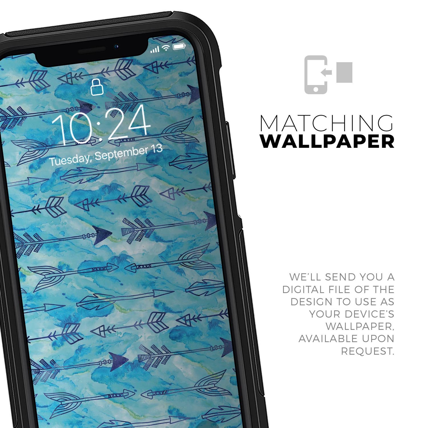 Blue Tribal Arrow Pattern Skin Kit for iPhone OtterBox Cases, showcasing a vibrant tribal design on a protective skin.