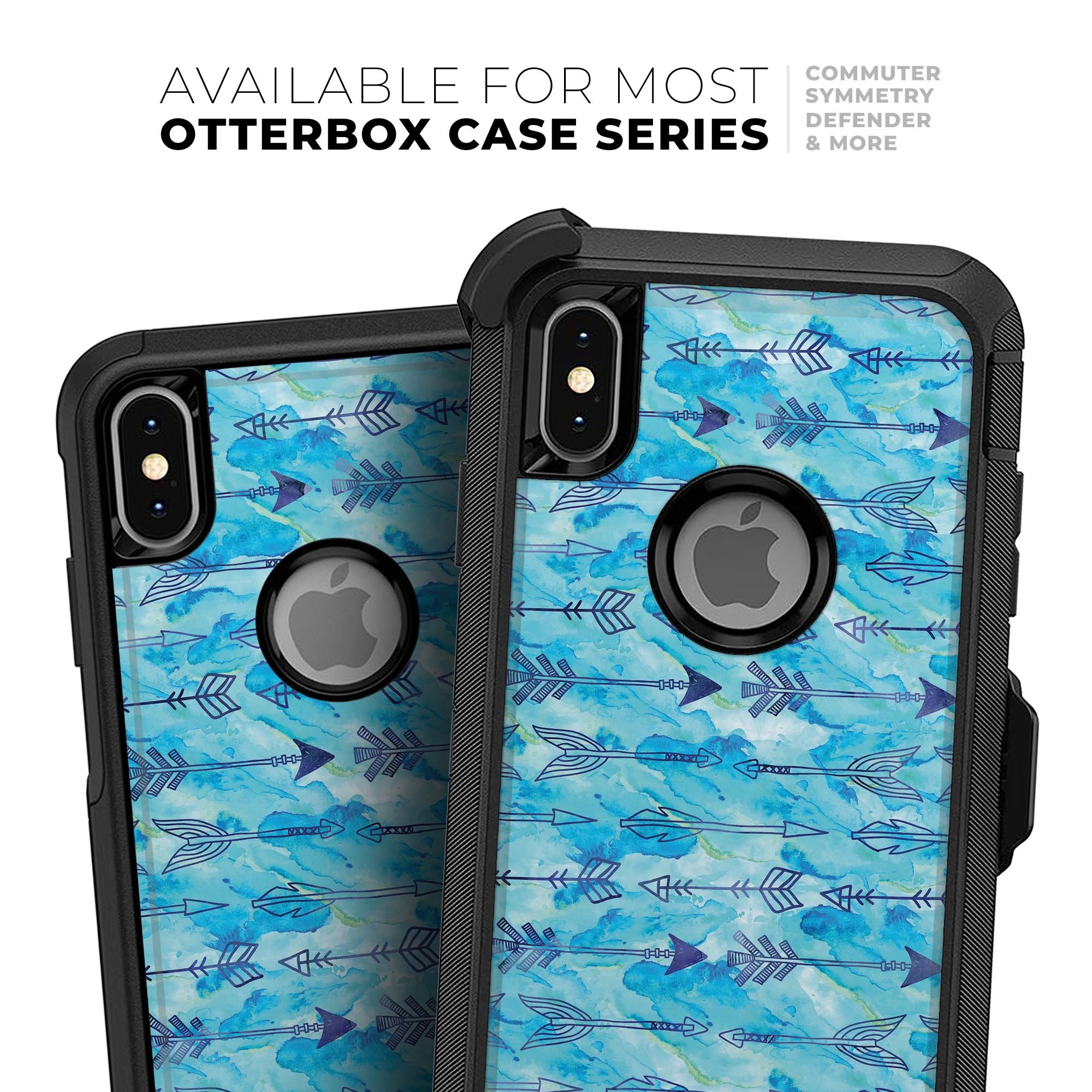 Blue Tribal Arrow Pattern Skin Kit for iPhone OtterBox Cases, showcasing a vibrant tribal design on a protective skin.