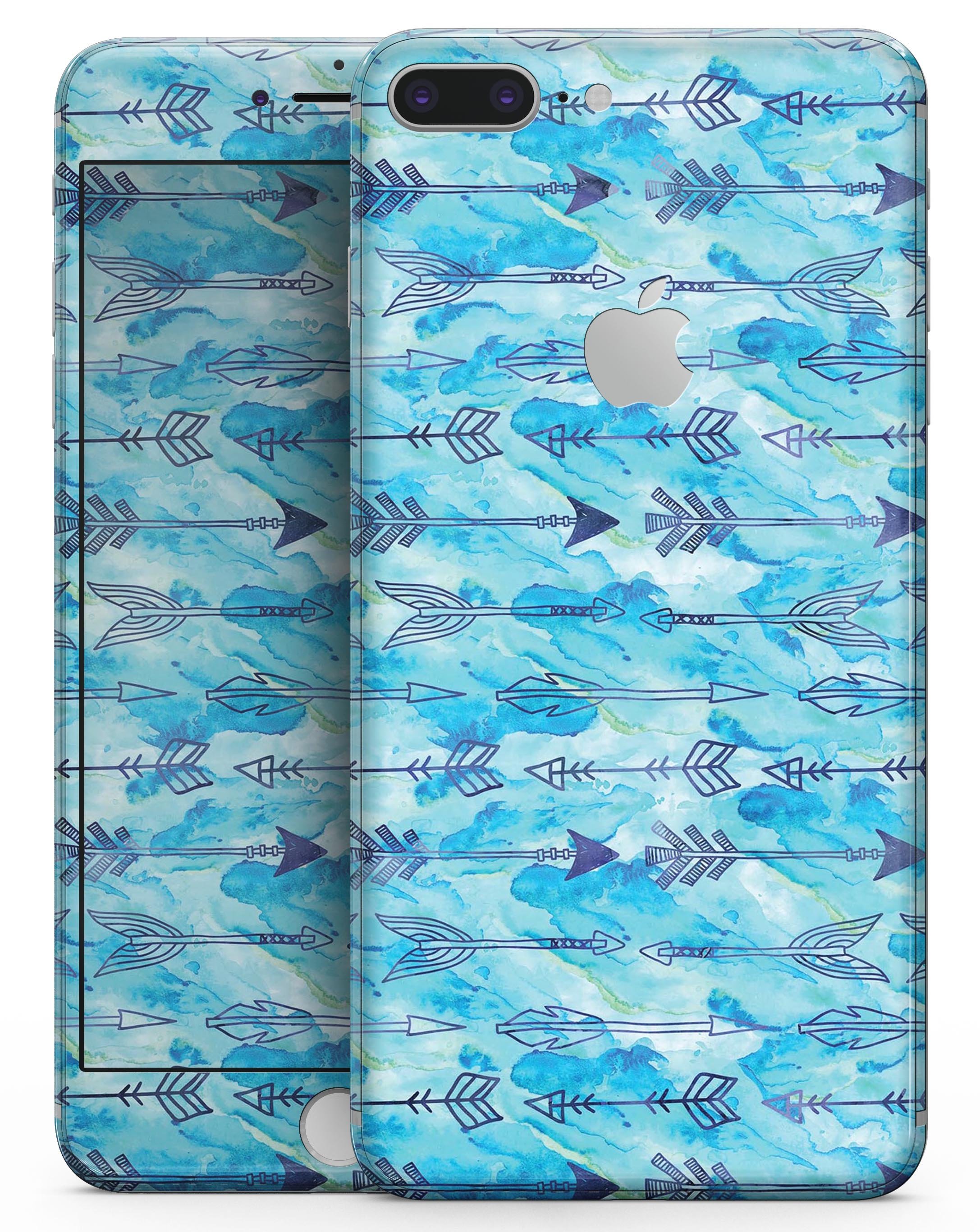 Blue Tribal Arrow Pattern skin for iPhone 8 and 8 Plus, showcasing vibrant tribal design on a sleek vinyl surface.