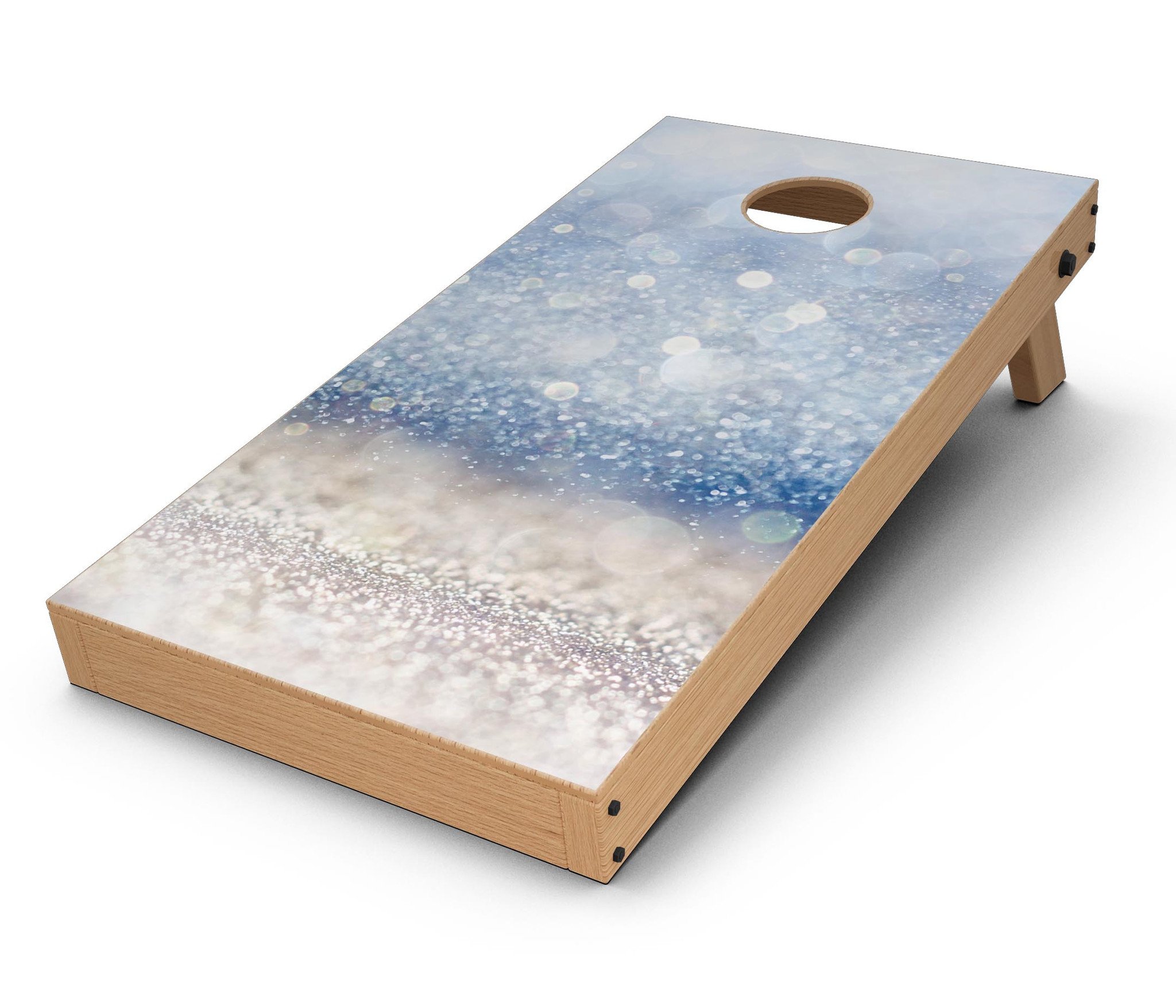 Blue Unfocused Silver Sparkle Cornhole Board Skin Decal Kit showcasing vibrant colors and a sparkling design for board customization.